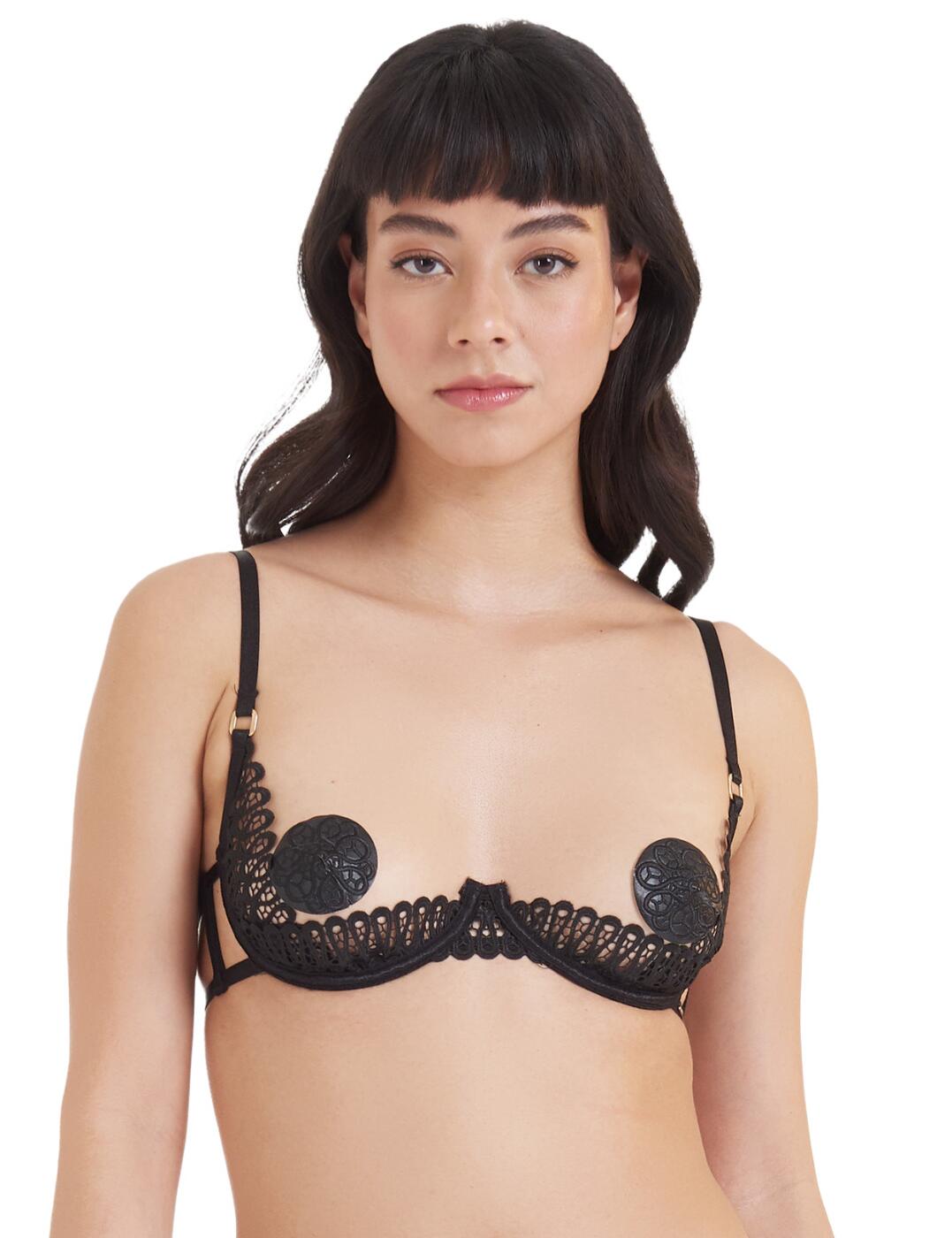 Add a touch of excitement to your lingerie collection this season with the sexy Tallulah series by Bluebella. This revealing open-cup bra will definitely highlight your seductive curves and the crochet-style embroidery with a caged-style back beautifully frames your figure. Adjustable shoulder straps ensure the perfect fit and underwiring offers added support to the minimal design. For a seductive coordinated look, wear with matching lingerie from the Tallulah collection by Bluebella.  Sexy open-cup design Luxurious embroidery Caged-style back Underwired for support Hook and eye closure Adjustable shoulder straps Country of origin: China Composition: 48% Polyester &pipe; 39% Polyamide &pipe; 13% Elastane Listed in UK sizes  41515-BK-30A 41515 Open Cup Bra