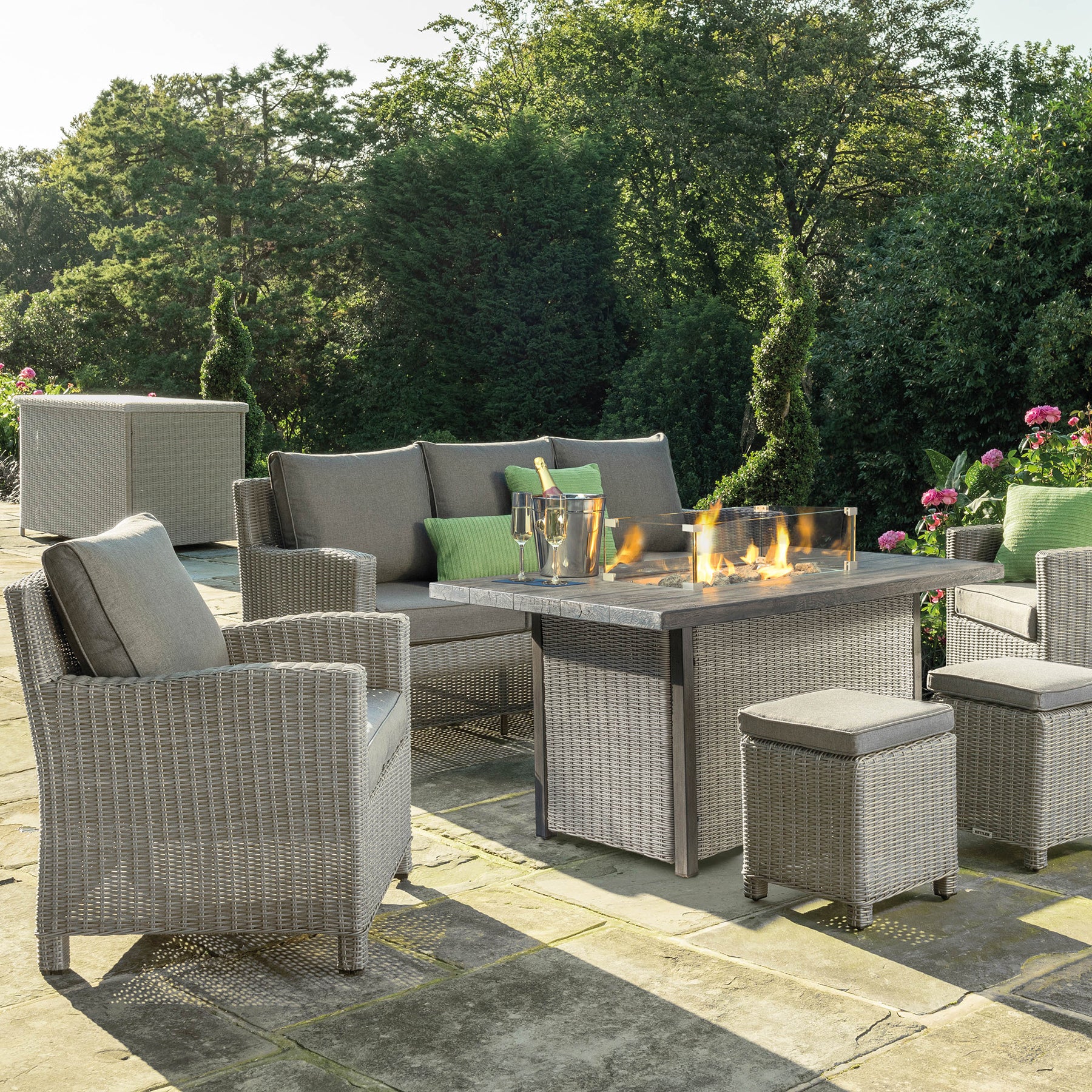 Kettler Palma Signature Wash Wicker Outdoor Casual Dining Lounge Sofa Set with Fire Pit Table