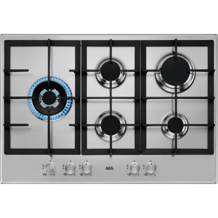 Aeg Hgb75500sm 75cm Slim Gas Hob 5 Energy Efficient Burners Including 1 Side Triple Crown Burner