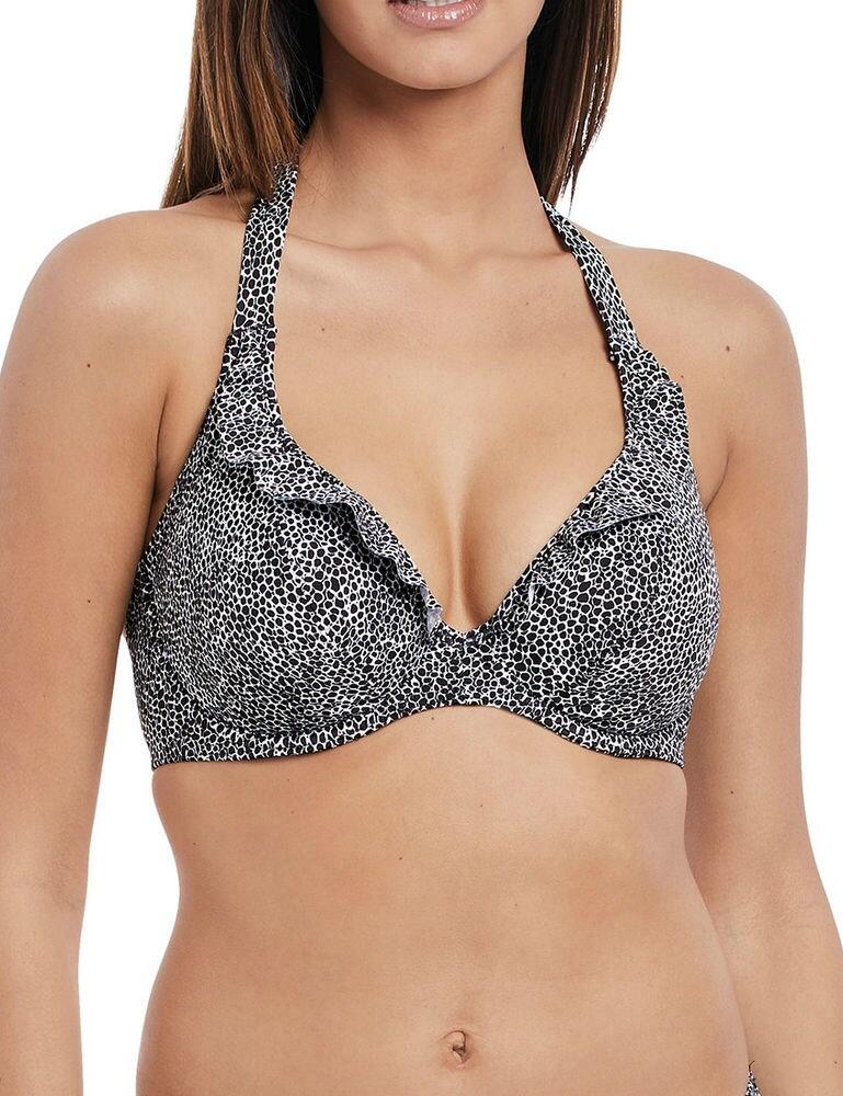 This banded halterneck bikini top is from the Run Wild range by Freya. Designed in a free-spirited monochrome animal print pattern along with a fun waterfall frill detail. Underwired cups with mesh lining and angled seaming offer you extra support as well as a nice shape. The flattering plunge neckline also has an elasticated neck edge for a personalized fit. An arched center panel has been used for extra tummy comfort. Pair with matching coordinates from the Run Wild range to complete this look.  Free-spirited monochrome animal print Fun waterfall frill detail Underwired cups Mesh lining Angled seaming Flattering plunge neckline Elasticated neck Arched centre panel Matching coordinates available Composition: 82% Polyamide &pipe; 18% Elastane Listed in UK Sizes    43001-78578-1057873 4614 Banded halterneck bikini top