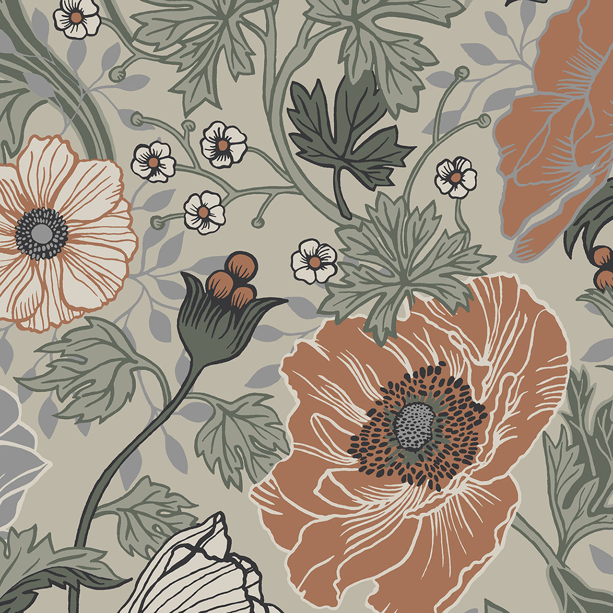 Galerie Apelviken 2 Green Orange Anemone Smooth Wallpaper