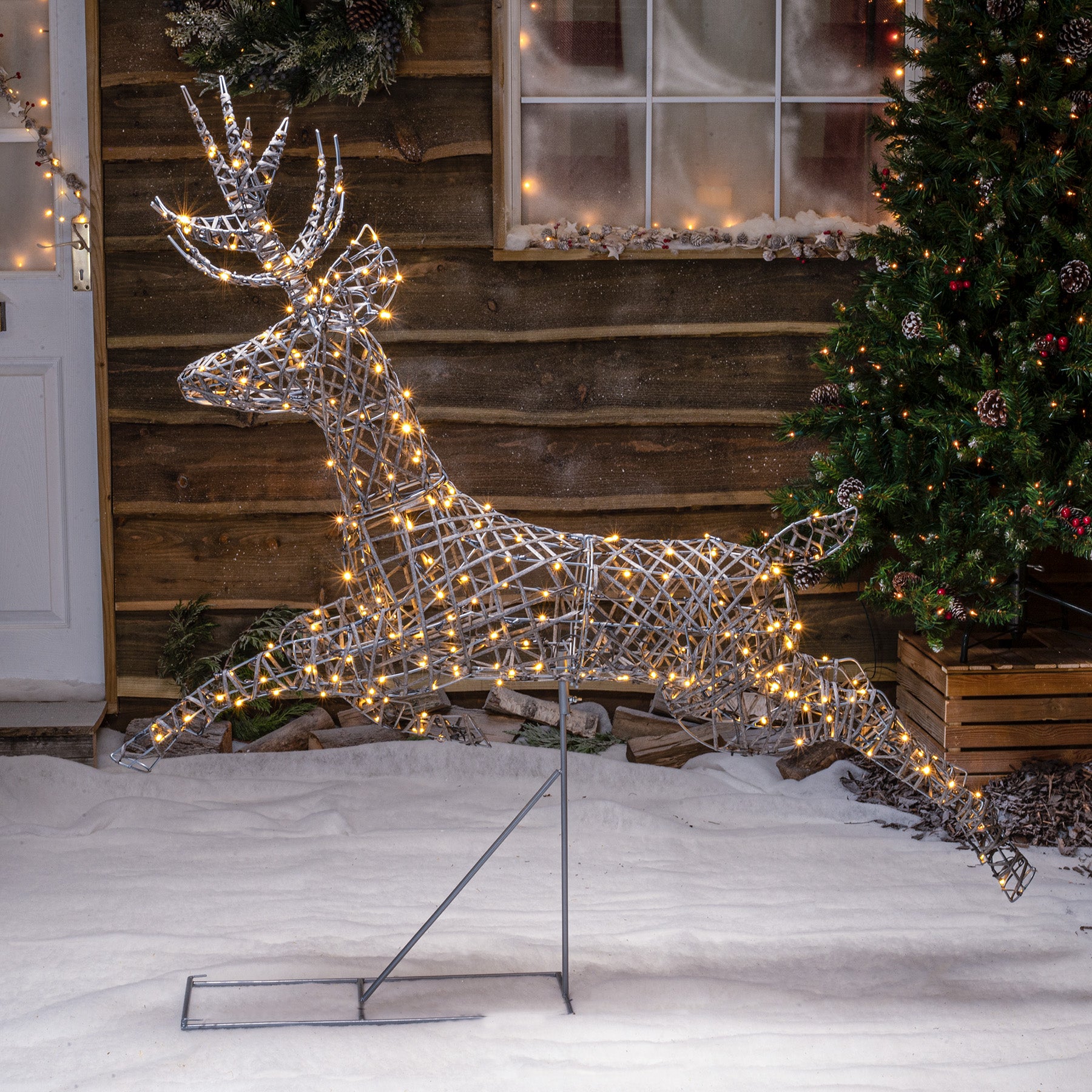 1.5M Grey Wicker Outdoor Light Up Christmas Leaping Stag With 300 White LEDS