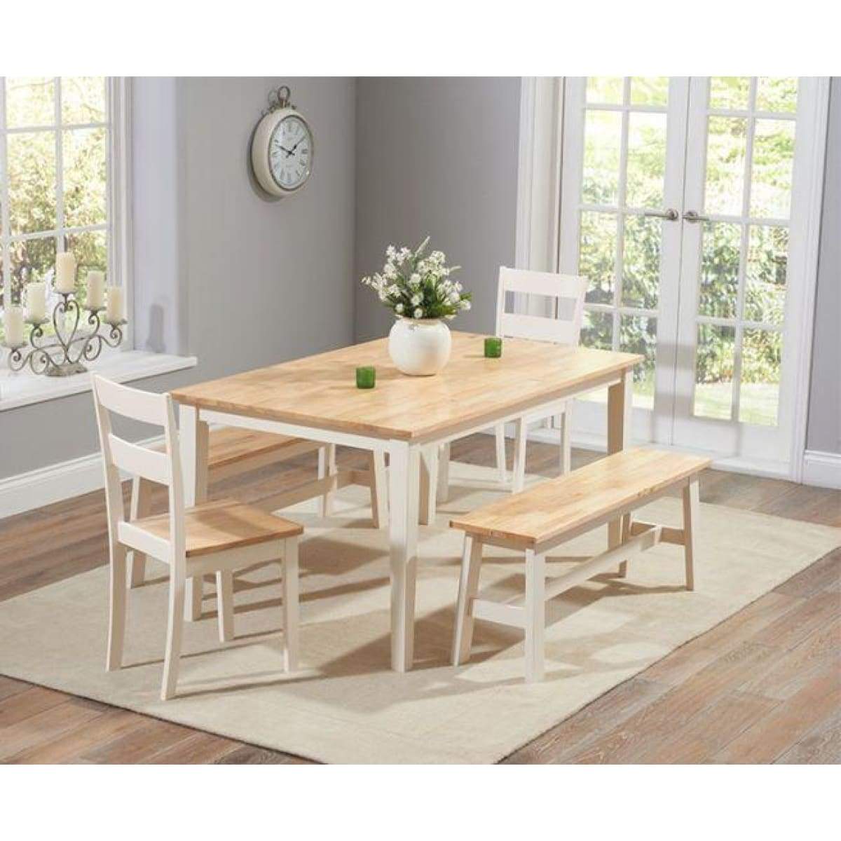 Serene Furnishings Pipe Chichester 150cm Dining Table 4 Chairs 1 Large Bench Oak Creamwhiteoak Greyoak White