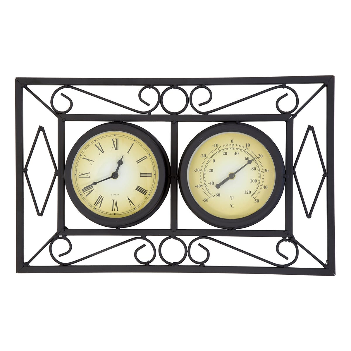 Bentley Garden Black Ornate Wall Frame Clock Thermometer