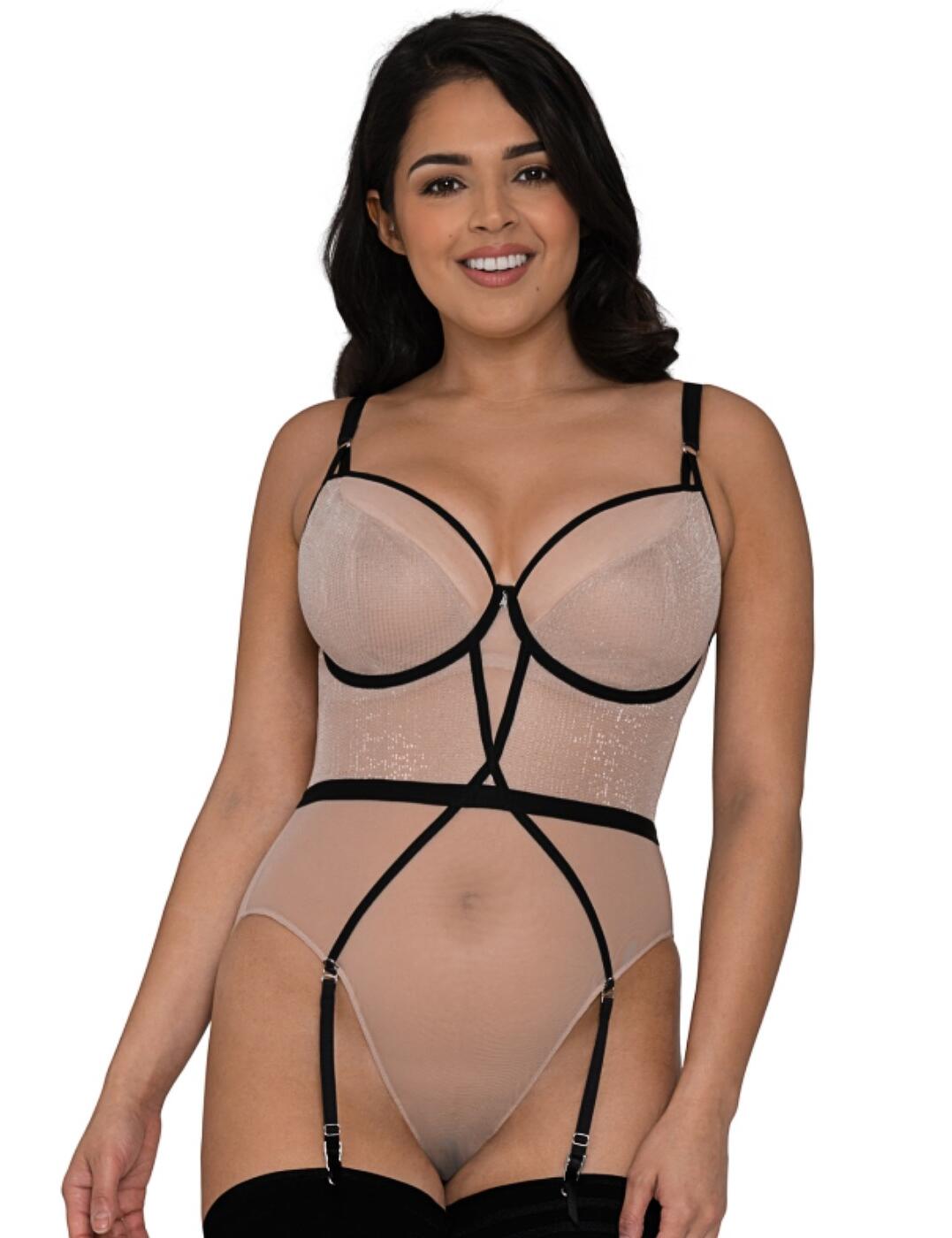 Look no further for a show-stopping body, the Sparks Fly range by Curvy Kate has you covered. This sheer and shimmery number is perfect as a revealing top for a night out or for those special boudoir moments. Featuring underwired cups for a supported and uplifted bust with a sheer mesh insert, highlighting your cleavage perfectly. The ultra-high leg openings give an illusion of longer legs and add to the wow-factor. The straps are fully adjustable for an individual fit. Finished with strapping detailing and removable suspender straps, making this contouring body a must-have.  Fun and glamorous design Comfortable fit Underwired support Non-padded cups Adjustable straps Hook and eye closure Semi-sheer mesh design Matching coordinates available Composition:- 61% Polyamide &pipe; 31% Polyester &pipe; 5% Elastane &pipe; 3% Metal Fibre Gusset: 100% Cotton Listed in UK sizes  43351-79482-1067614 CK013704  Body