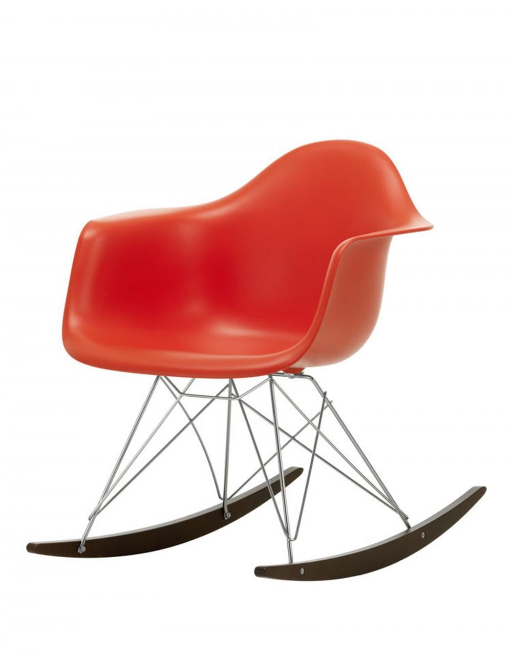 Eames Rar Plastic Rocking Chair Chrome Base Poppy Red Dark Maple
