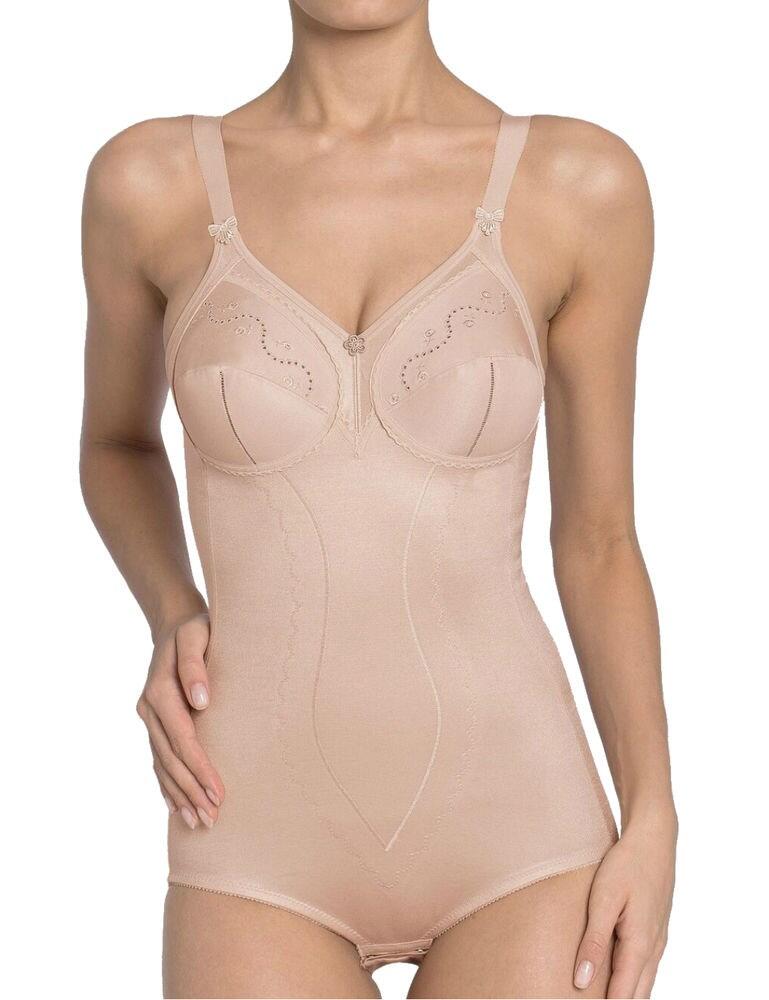 Experience utter comfort wearing the Doreen + Cotton bodysuit by Triumph. This practical design is crafted from pleasantly soft and excellently shaping fabric with added cotton. Featuring soft, unpadded cups adorned with delicate eyelet embroidery, creating a beautifully shaped bust. The v-neckline combined with lower-neckline at the rear allows for a variety of outfit options. The tummy area is reinforced to offer excellent tummy control and a defined shape. The Doreen bodysuit is perfect for everyday wear and allows you to feel confident and comfortable.  Comfortable feminine design Shaping texture Delicate eyelet embroidery on the cups Reinforced tummy area Unpadded soft cups Seamless leg cutouts Low-cut neckline at the rear Adjustable straps Hook and eye closure at the crotch panel Composition: 37% Polyester &pipe; 26% Cotton &pipe; 24% Polyamide &pipe; 11% Elastane &pipe; 2% Viscose Listed in UK sizes  43424-79694-1111307 10005178 Bodysuit