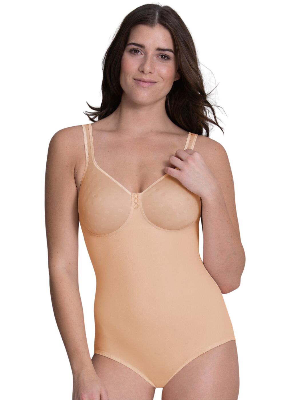 The Airita Comfort range by Anita is something you have to try so why not start with this delicate corselet with spacer cups. Show off your incredible figure with this corselet that melts into your skin and adapts and gently shapes to your feminine curves. The spacer cups provide full coverage whilst the wireless design creates a natural look. It is a classic popper fastening and has adjustable straps to allow for a unique fit along with seamless edges that guarantee no visible lines will show through your clothes. The body is crafted from a super soft plain opaque fabric and the cups feature a highly breathable jacquard material which is finished off with an eye-catching circle charm in the centre.