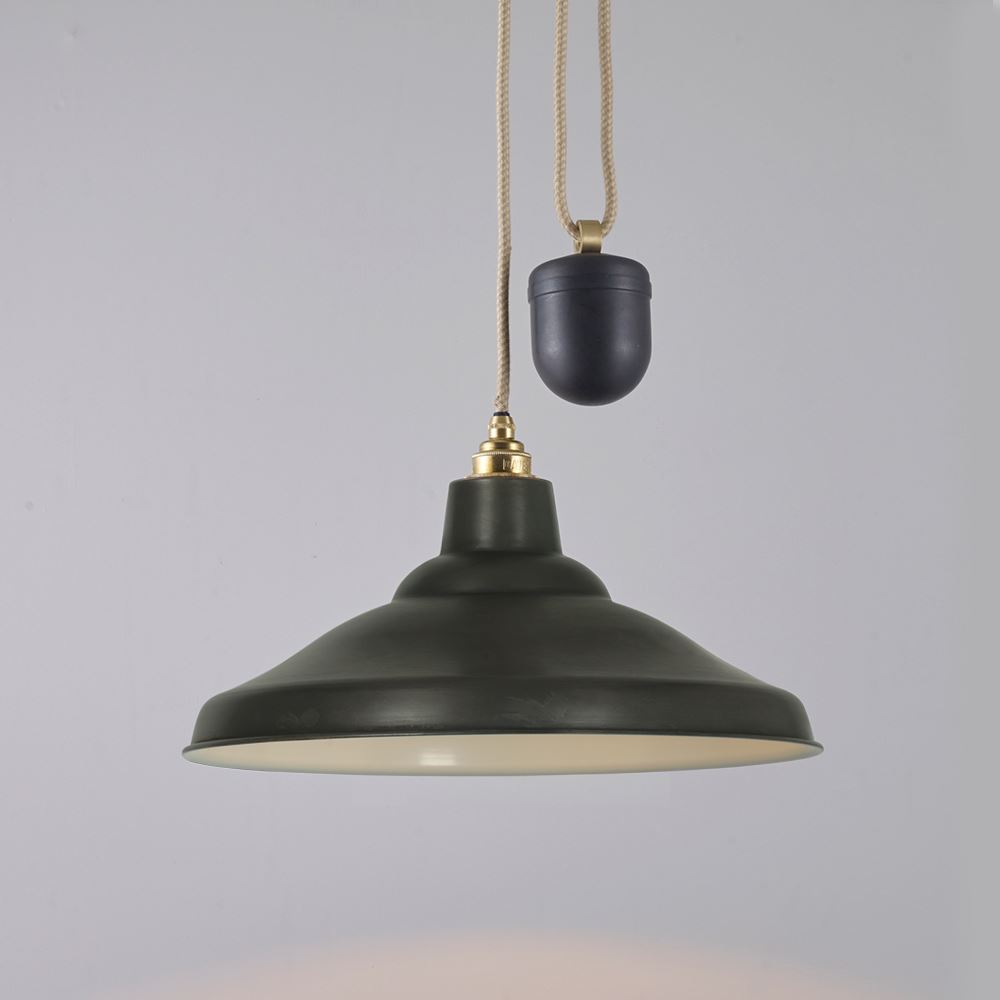 Davey Rise Fall School Pendant Weathered Copper With White Interior Bronze Designer Pendant Lighting