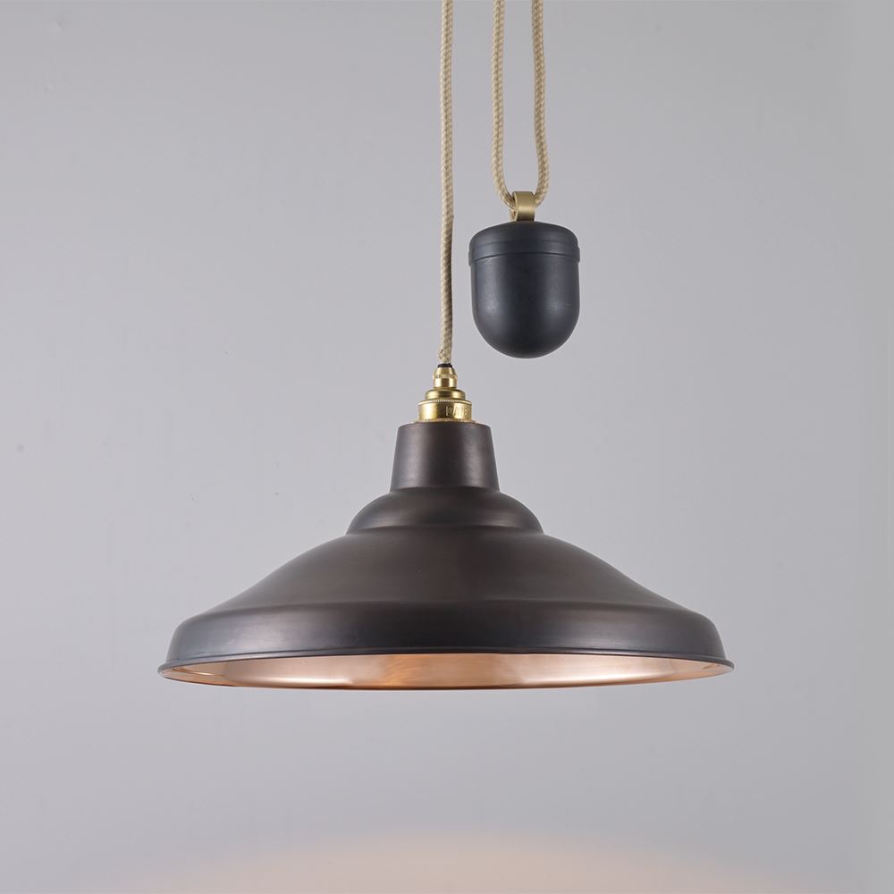 Davey Rise Fall School Pendant Weathered Copper With Polished Copper Interior Bronze Designer Pendant Lighting