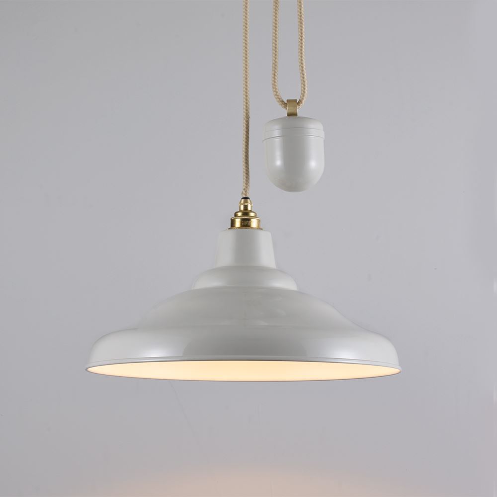 Davey Rise Fall School Pendant Putty Grey With White Interior Designer Pendant Lighting