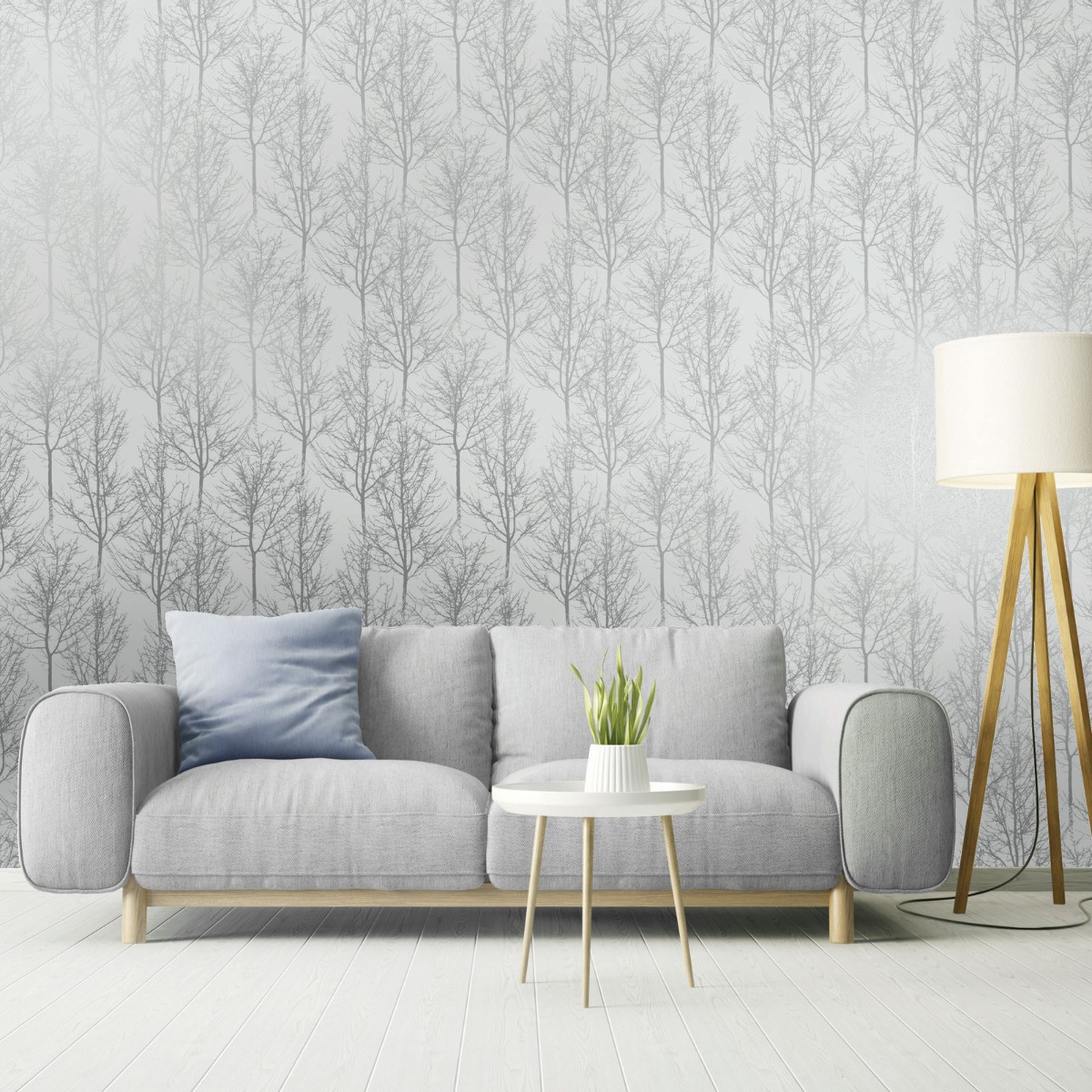 Holden Decor Rhea Trees Grey / Silver Effect Wallpaper 10m x 53cm, Grey