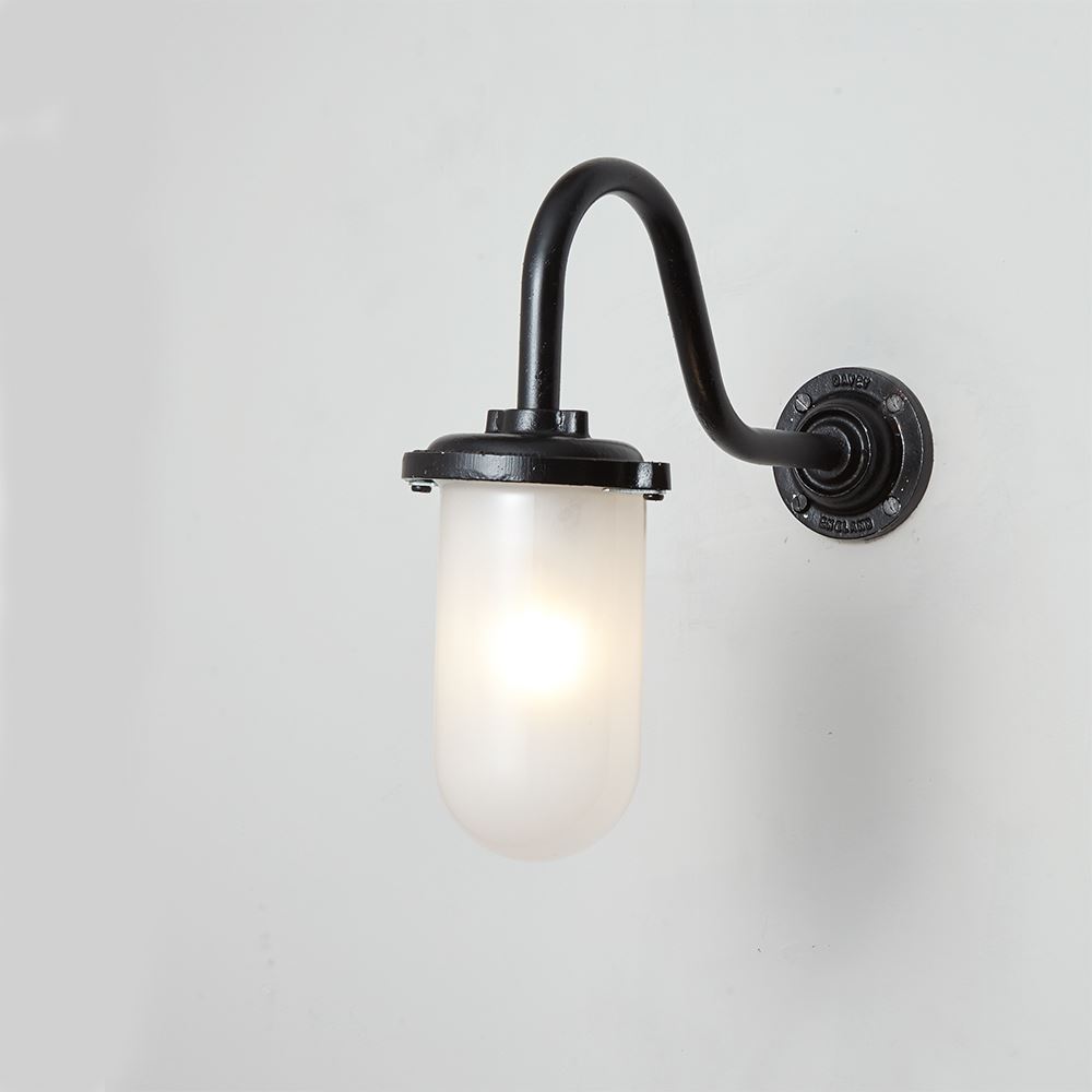 Bracket Wall Light Round Swan Neck Black Frosted Glass