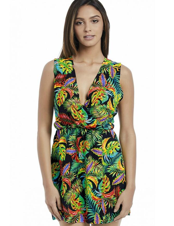  Be on trend for SS18 with the Electro Beach collection. The range features an all over physcotropical print bound to make you stand out from the crowd with its black base and bright tropical floral print.  Comfortable fit Flattering design Plunging V Neckline Ruched waistline to create and compliment shape Capped sleeves 100% Viscose Matching co-ordinates available  Listed in UK sizes  26548-53855-671554 2914 Beach Dress