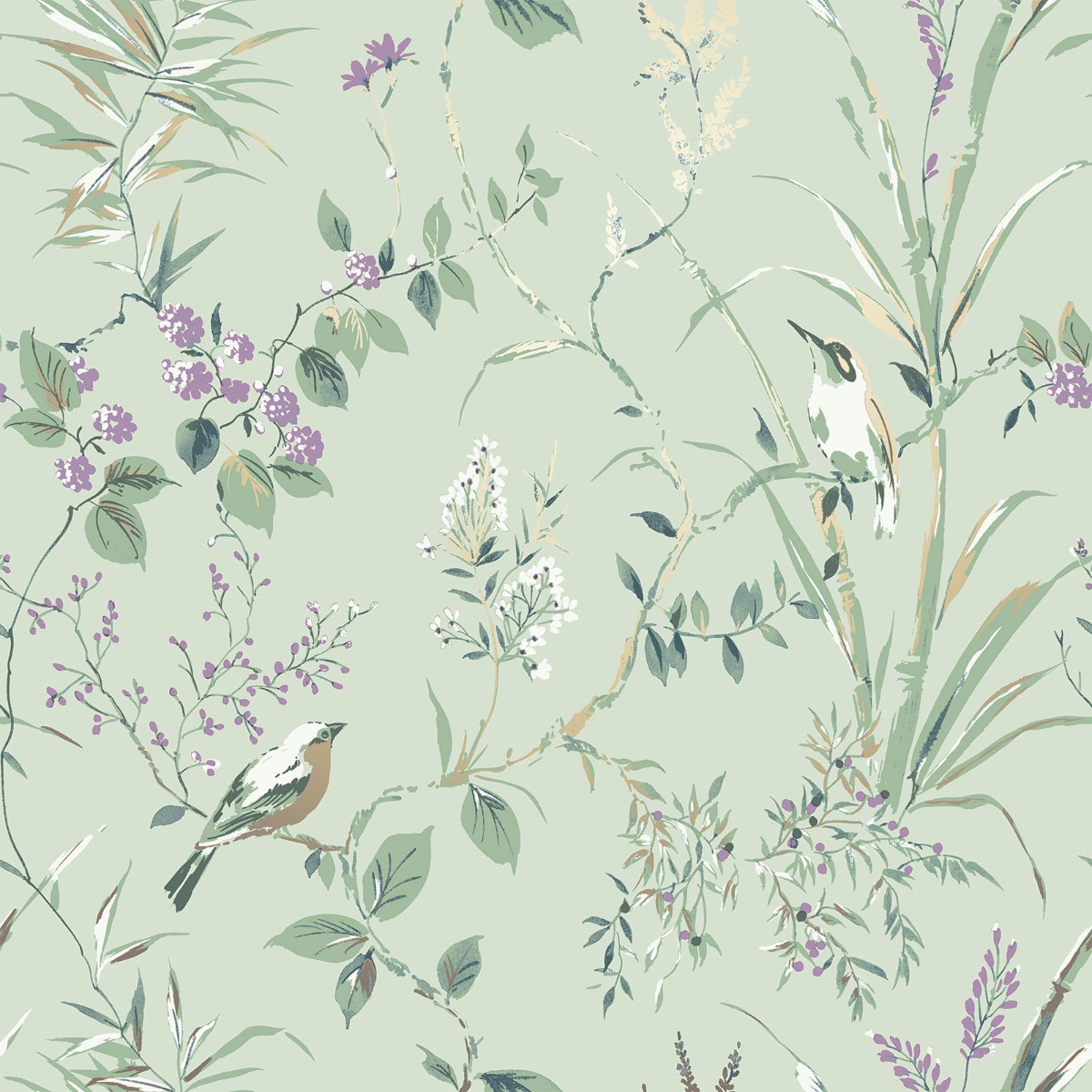 Crown Wallpapers Floral Birds Wallpaper Grey Purple Metallic Flower Shimmer Mariko, Purple
