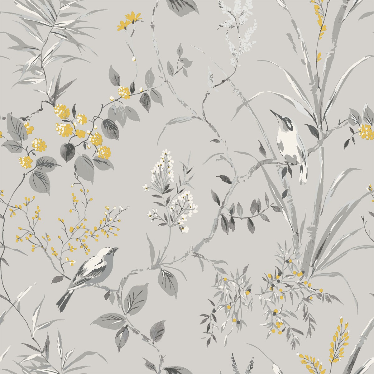 Crown Wallpapers Floral Birds Wallpaper Grey Yellow Metallic Flower Shimmer Mariko, Grey