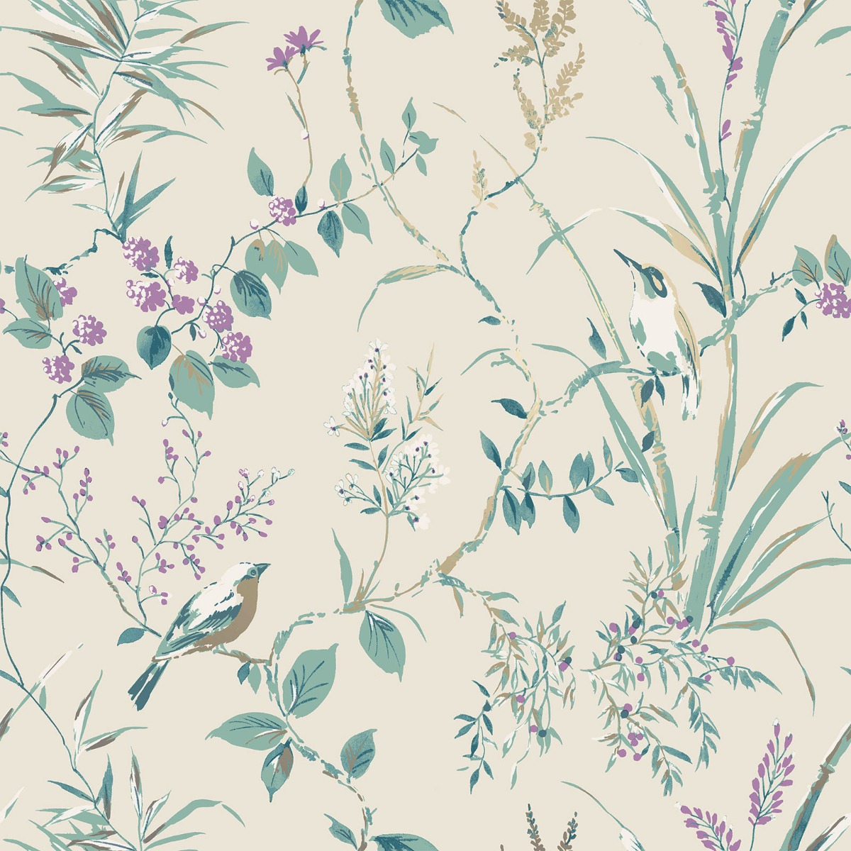 Crown Wallpapers Floral Birds Wallpaper Teal Purple Metallic Flower Shimmer Mariko