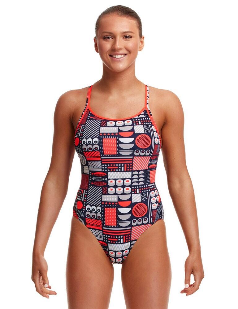 Funkita's Diamond Back one-piece has been a favourite since the early days and continues to do so. This supportive suit comes in fun sushi themed print and features fabric panels across the back with double bind straps, providing support across the bust and comfort for the shoulders. It offers moderate rear coverage and keeps your bum nice and snug swimming along. Crafted from exclusive C-Infinity fabric with excellent chlorine resistance technology and fabric strength. Finished with additional front lining and superior construction for highest wearing comfort and durability to be enjoyed for years.  Modern and flattering design Classic training cut Front lining Modest rear coverage Fast drying Supportive double bind straps Durable chlorine resistant fabric Composition:- 100% Italian polyester Listed in UK sizes  44066-81242-1102064 FS11L02663  Swimsuit
