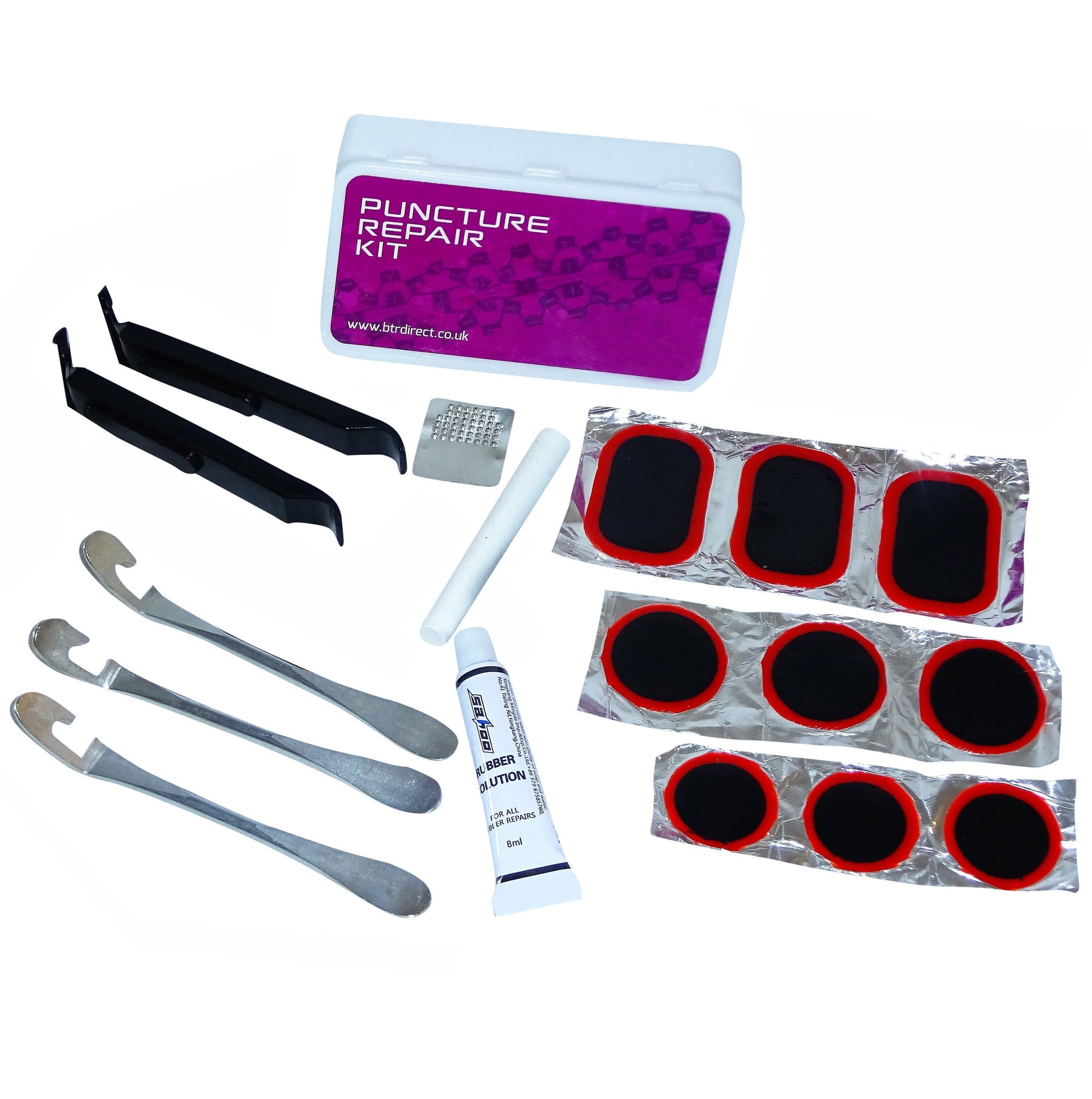 Image of BTR Bicycle Tyre Puncture Repair Kit Plus Steel Tyre Levers x 3