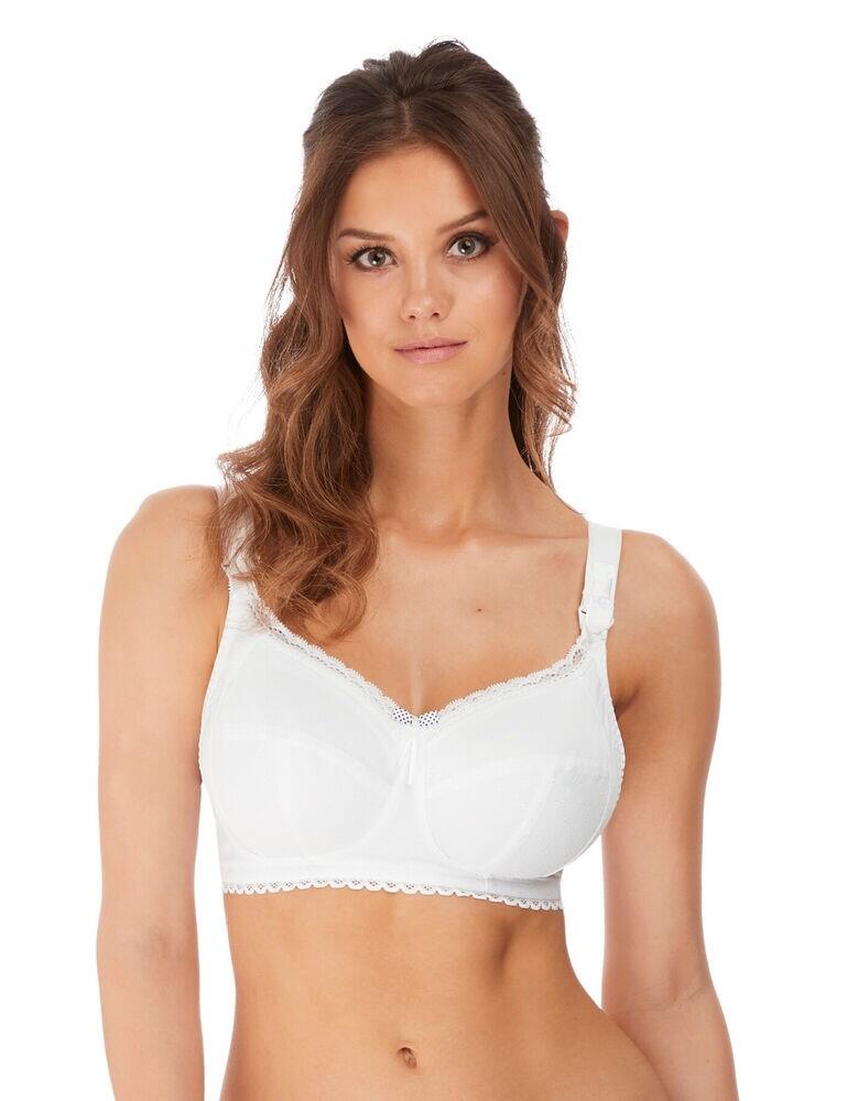 This soft cup nursing bra from the Rosie range by Freya is perfect for any breastfeeding mothers. Designed to make nursing a breeze at no expense of comfort, this bra is adorned in gorgeous embroidery and has extra feminine touches thanks to the pretty lace trim and delicate bow. An internal A-frame supports the bust while feeding. This bra is non-padded for a comfortable, natural fit but lined with super soft fabric for comfort. The easy access nursing clips make breastfeeding hassle-free. This bra secures with three hook and eyes at the rear for extra support.  Delicate, feminine design Internal A-frame supports the breast while feeding Full coverage bra Bagged out cups for ultimate comfort 3 Hook and eye fastening Features ferran ice application lining Composition: 54% Nylon/Polyamide &pipe; 42% Polyester &pipe; 4% Elastane Listed in UK sizes  44178-81469-1099894 1212  Nursing bra