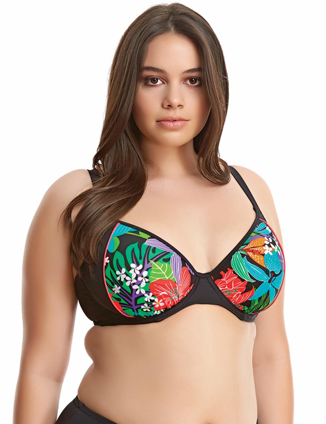 Style and sophistication come together to create the 50's inspired Elomi Cubana Range. Vibrant tropical print overlays a shaping black base to create a real show stopper.  Plunging neckline Un-padded for a natural look Underwired for a supportive fit Fully adjustable fixed straps Plastic snap back fastening Matching co-ordinates available Listed in UK sizes   24926-43949 7092 Plunge Bikini Top