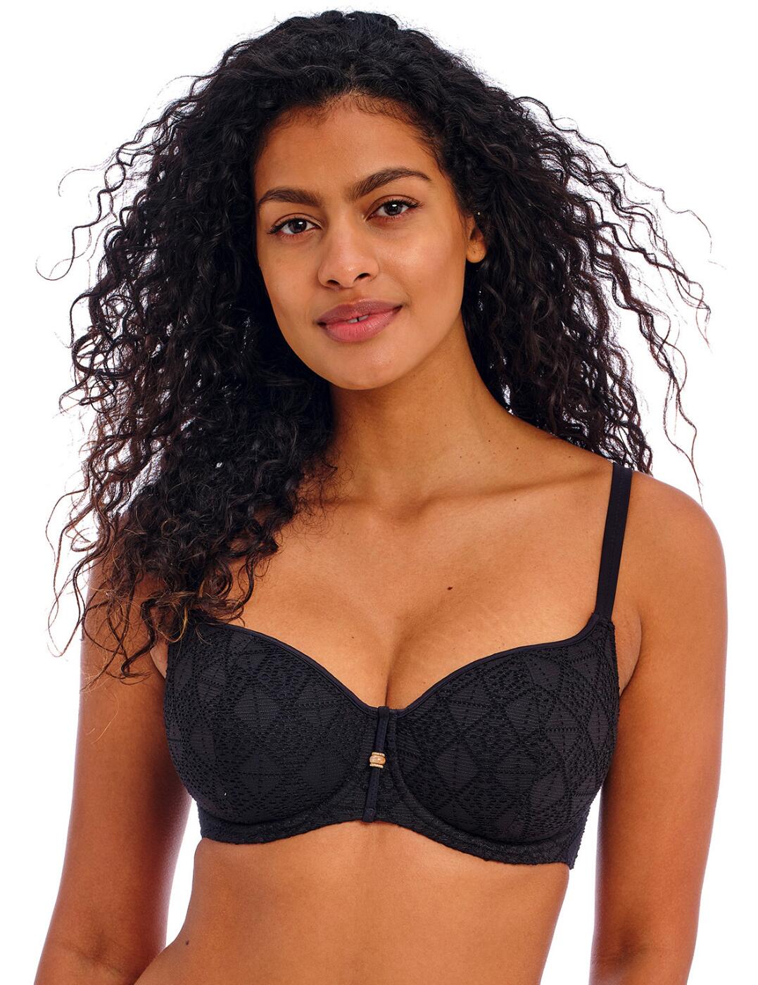Soon to be a staple in your everyday swimwear wardrobe thanks to its flattering and trendy design, this stunning sweetheart bikini top from Freya's Nomad Nights collection will give you confidence and style on your next holiday! The lightly padded foam cups and underwiring give you exceptional support and a smooth rounded shape, with that irresistible sweetheart neckline that beautifully enhances your cleavage. The crochet overlay on the cups elevates this lovely design with a subtle yet eye catching appearance and a modern look. Fully adjustable shoulder straps and the back clasp closure give you additional support and lasting comfort as you enjoy the beach or pool! This piece is finished off with a bead and decorative metal ring trims between the cups for an additional flourish that really draws the eye in. Pair with coordinating briefs from the Nomad Nights range to complete the look!  Trendy sweetheart bikini top Underwired and lightly padded cups Sweetheart neckline with uplift and enhanced cleavage Crochet overlay Fixed fully adjustable straps Bead and metal ring trims between the cups Matching items available Country of origin: Tunisia Composition: Cup Lining: 100% Polyamide Composition: Main: 93% Polyester &pipe; 7% Elastane Composition: Wing: 80% Polyamide &pipe; 20% Elastane Composition: Wing Lining: 86% Polyamide &pipe; 14% Elastane Listed in UK sizes  61938-107194-1419286 205403 Sweetheart Bikini Top