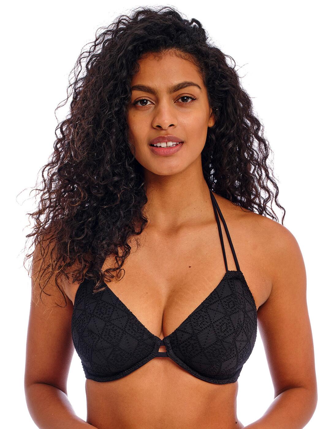 Exude confidence and alluring style on your next holiday with this gorgeous halter bikini top from Freya's Nomad Nights collection! You'll be enchanting and trendy with this fabulous piece, with a low, plunging neckline that enhances your cleavage perfectly. The powernet lined cups combine with the underwiring and plastic clasp closure to offer exceptional support and comfort without compromising on the look. The crochet overlay that runs through the Nomad Nights range is subtle yet stunning, giving this piece a modern vibe that catches the eye. The spaghetti halter neck ties craft a trendy vibe, while also offering you an adjustable fit. Finished with a decorative bead and metal ring trims on the ties for added flair. Pair with coordinating briefs from the Nomad range to embody this fabulous look even further!  Gorgeous halter bikini top Low, plunging neckline Underwired Powernet lined cups Crochet overlay Spaghetti halter neck ties Bagged out neck ties Bead and decorative metal ring trims Matching items available Country of origin: Tunisia Composition: Cup Lining: 72% Polyamide &pipe; 28% Elastane Composition: Main: 93% Polyester &pipe; 7% Elastane Composition: Wing Lining: 86% Polyamide &pipe; 14% Elastane Listed in UK sizes  61939-107195-1419354 205404 Halter Bikini Top