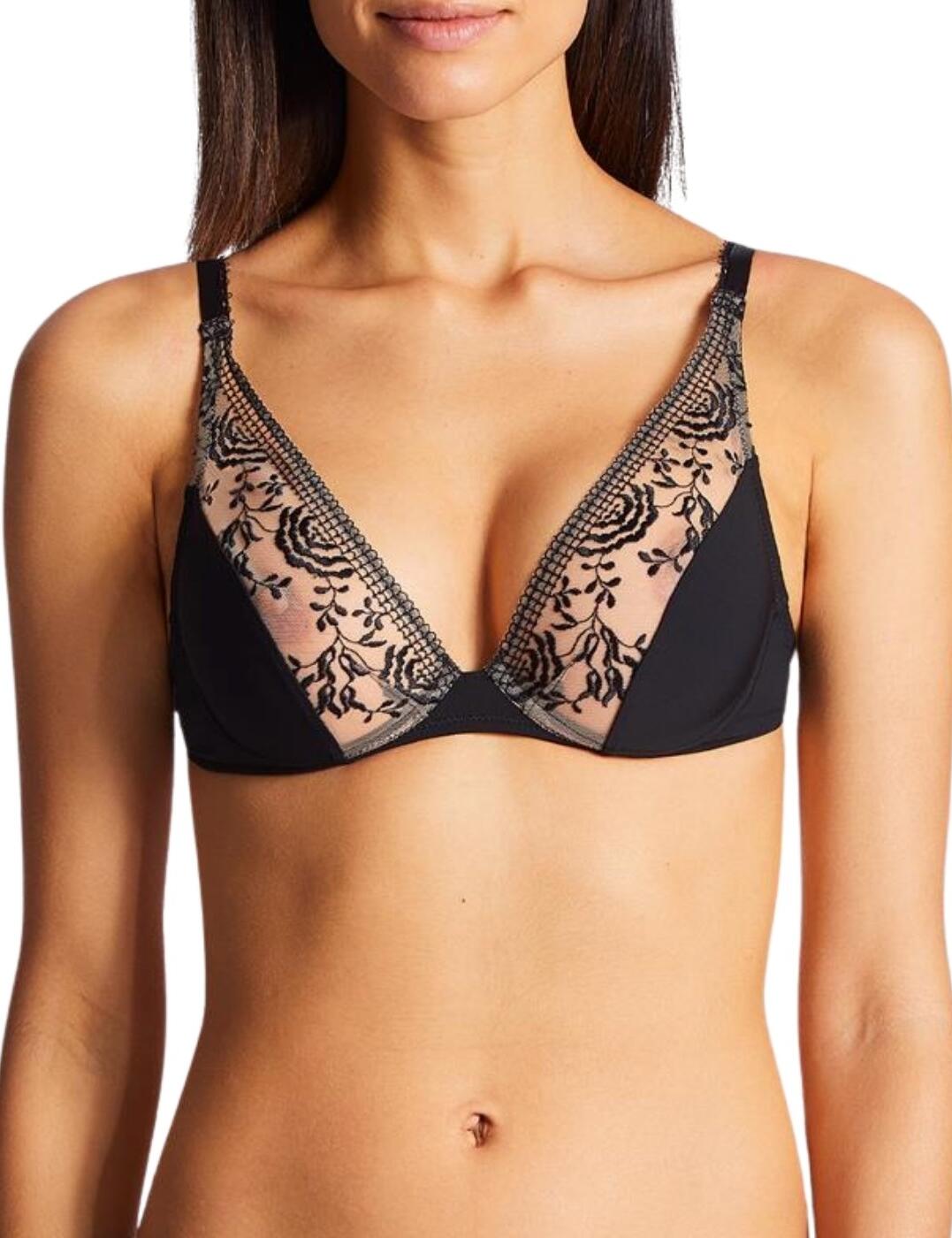 Looking for luxurious French lingerie? Aubade presents perfect designs from its Fleur De Passion collection. Striking yet refined embroidery upon contrasting tulle, showcasing your silhouette perfectly. The plunging triangle bra supports your curves with lightness and comfort. Its underwired design provides support and uplift for a shapely cleavage. Find the perfect fit with adjustable shoulder straps and be sure to complete the look with the matching coordinates.  Chic and refined design Luxurious embroidery Plunge neckline Underwired, non-padded cups Adjustable straps Hook and eye closure Composition: 83% Polyamide &pipe; 17% Elastane Listed in UK sizes  47556-86675-1192219 PF12  Triangle Plunge Bra
