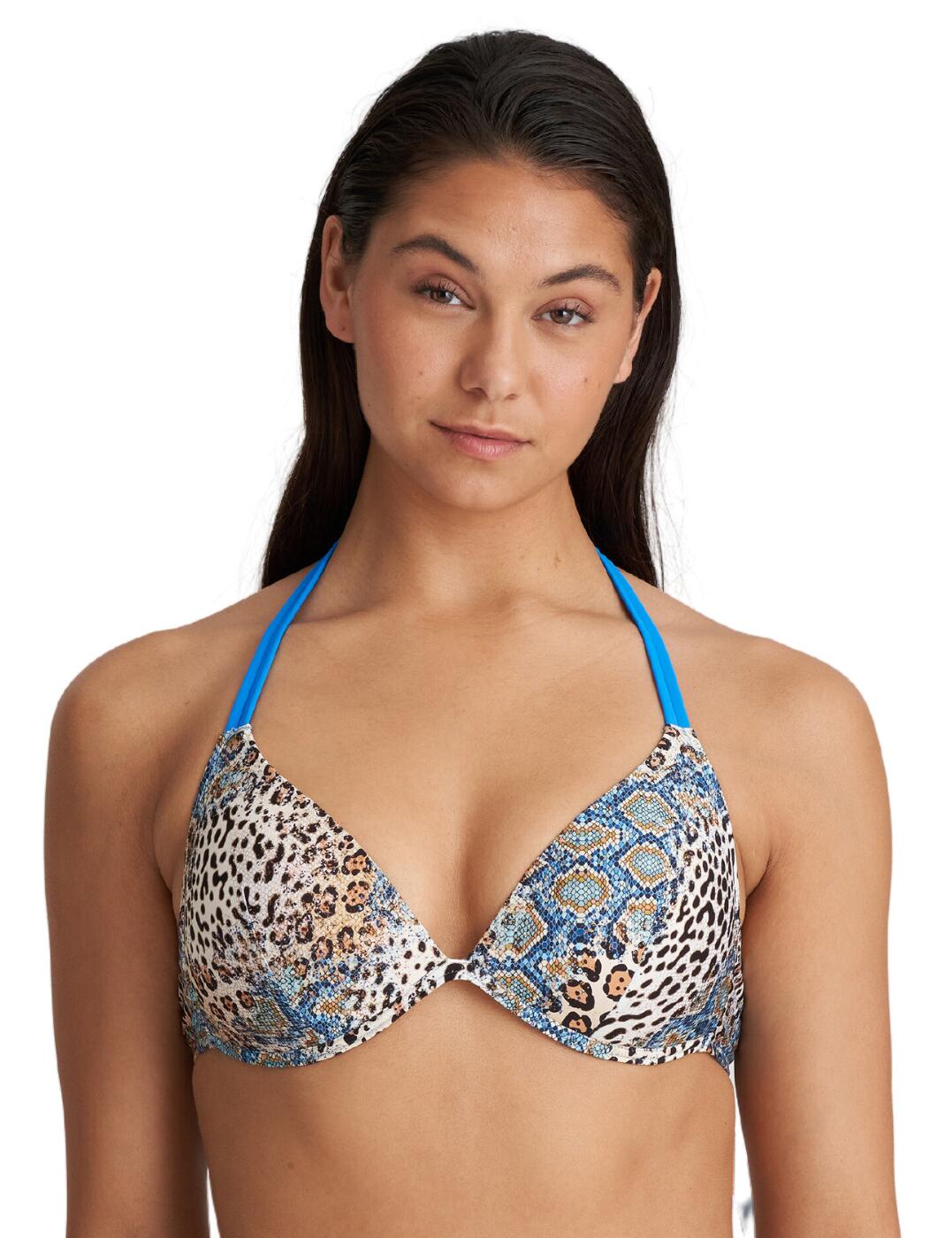 Enjoy a distinguished and stylish look in the Marie Jo's luxurious Minorca push up bikini top. Boasting sophisticated appeal with its triangle cup cut, this bikini top delivers amazing uplift thanks to its padded cups. A wire-free construction allows for optimal comfort while the convertible adjustable straps make it easy to find the perfect fit for your body. The distinctive print completes the look and allows you to channel a classic, timeless style that pairs perfectly with any piece from the glamourous Minorca collection.