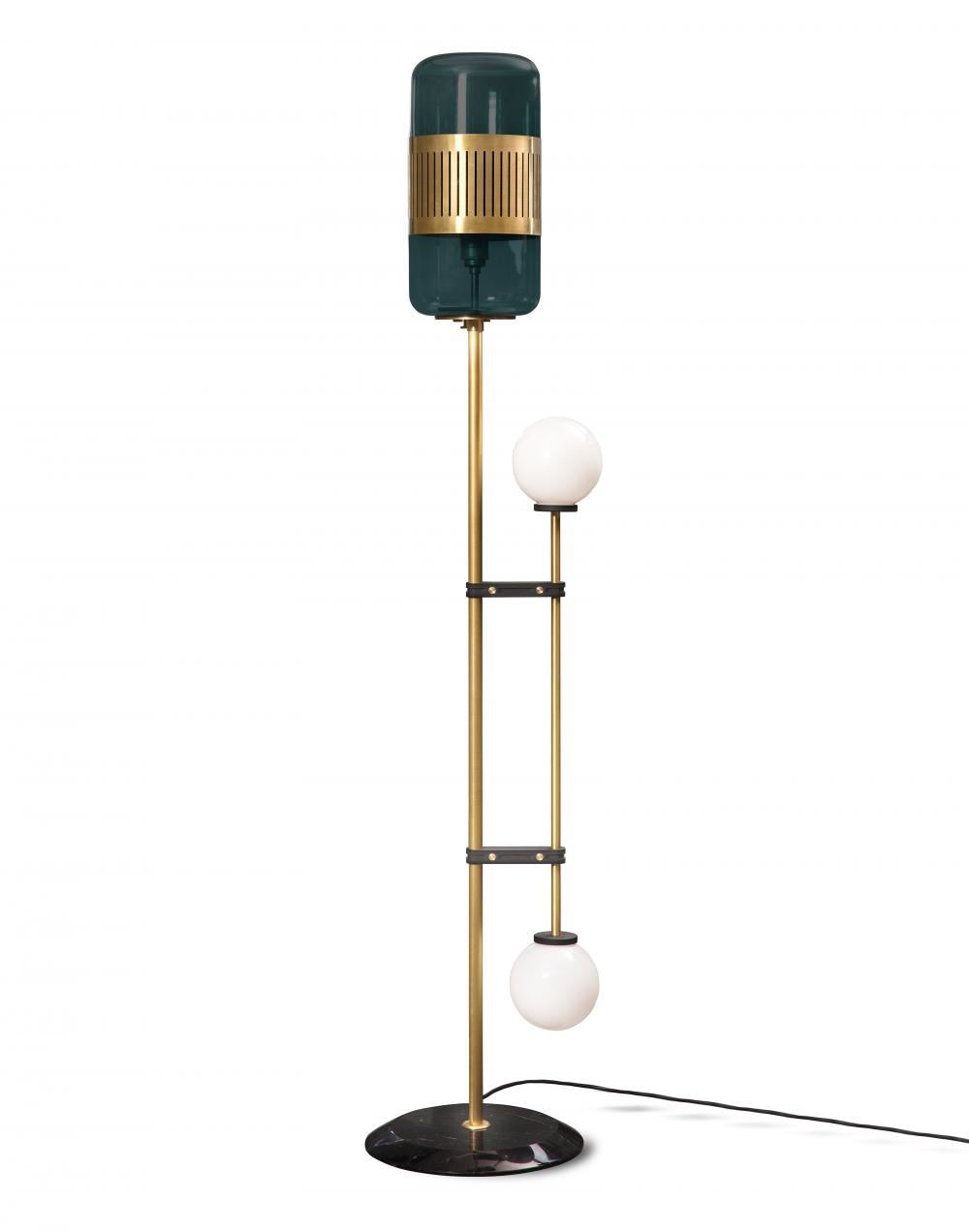 Lizak Floor Light Brushed Brass Peacock Blue Glass