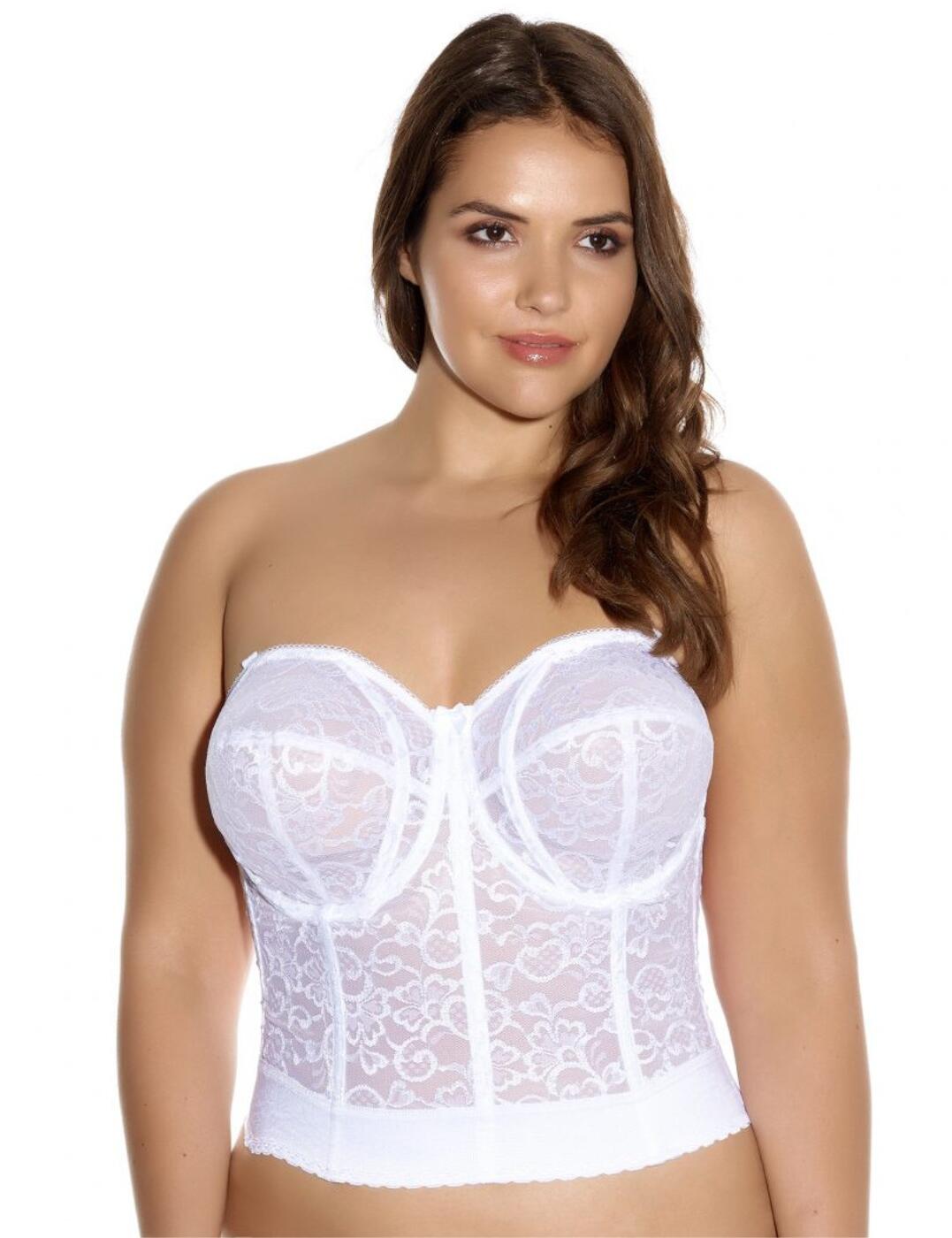 Introducing the Goddess Lace Bridal lace bustier, providing sexy statement lingerie for curvy women. Our bustier features full coverage cups with a slightly plunging neckline along with light boning in the cup to create shape. The non-padded cups provide a natural feel and the longline design has boning throughout, creating essential support and giving you versatility due to its convertible adjustable straps. To ensure our bustier stays securely in place, there is a large hook and eye closure at the rear and a supportive bottom band. A beautiful all-over sheer lace design with a mini bow centre adds detail to finish off this piece. So whether it be your special day or just any given day, make sure you show off your curves with our Goddess Lace Bridal bustier!  Full coverage cups Slightly plunging neckline Light boning in the cups to create shape Non-padded cups Non-wired Longline design with boning throughout A bottom band that helps keep the bustier secure Large hook and eye closure at the rear Detachable convertible straps All-over sheer lace design Mini bow in the centre Country of origin: Sri Lanka Composition: 95% Polyamide &pipe; 5% Elastane Listed in UK sizes  60050-104858-1374712 0689 Bustier