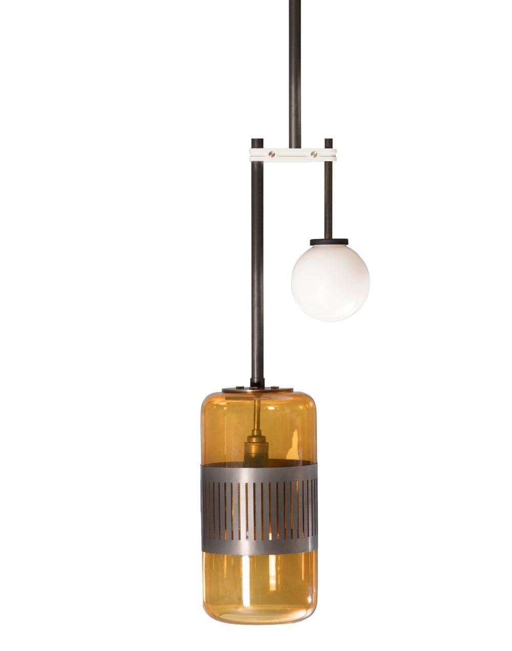 Bert Frank Lizak Drop Pendant Brass Amber Glass Orange Designer Pendant Lighting