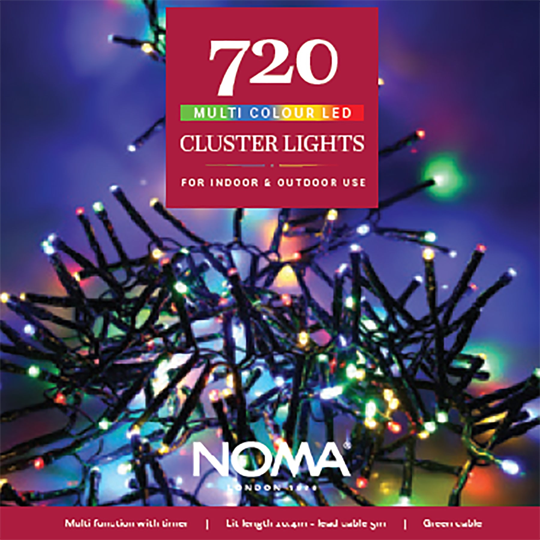 Noma Christmas 360, 480, 720, 960, 2000 Multifunction Cluster Lights with Green Cable - Multi Colour, 720 Bulbs