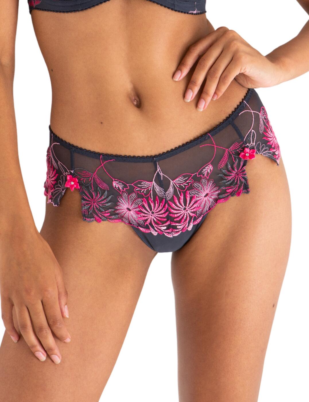 The St Tropez lingerie line by Pour Moi combines comfortable fits with sexy styles that you will love. This timeless style boasts a classic shorty shape and offers moderate rear coverage. The semi-sheer tulle fabric seductively shows a hint of skin beneath and the floral embroidery adds a luxurious feminine finish. Wear with matching lingerie from the stunning St Tropez range by Pour Moi.  Sexy semi-sheer tulle fabric Flirty low-rise Cheeky moderate rear coverage Feminine floral embroidery Country of origin: China Composition: 82% Polyamide &pipe; 8% Viscose &pipe; 2% Polyester &pipe; 8% Elastane  Listed in UK sizes  53842-96519 7703 Short Brief