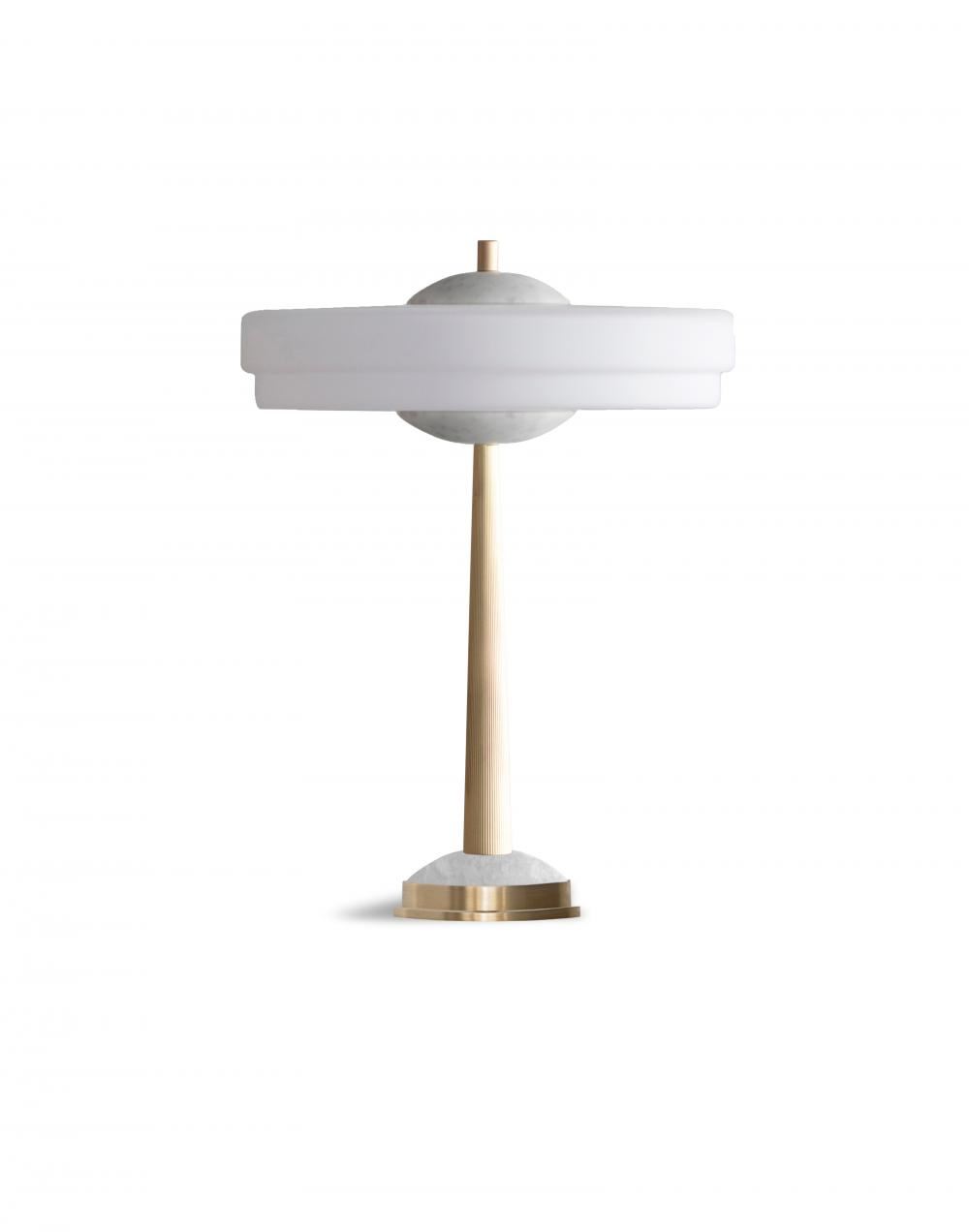 Trave Table Light Brass Opal Glass White Carrera Marble
