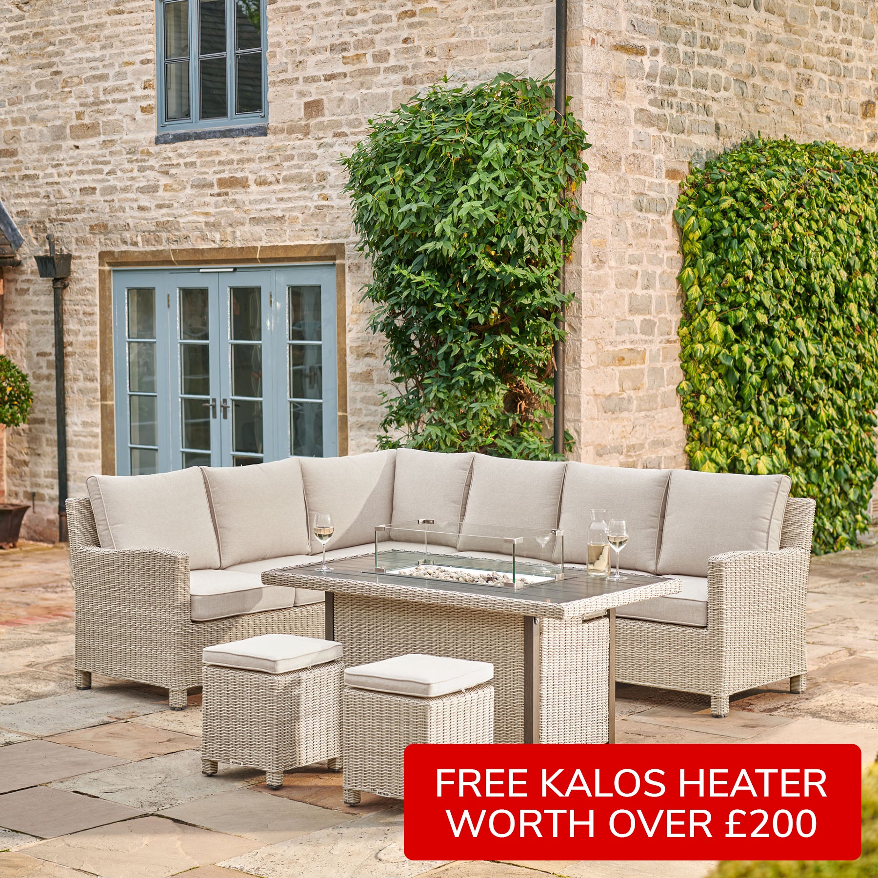 Kettler Palma Signature Corner Right Hand Oyster Wicker Outdoor Sofa Set with Fire Pit Table