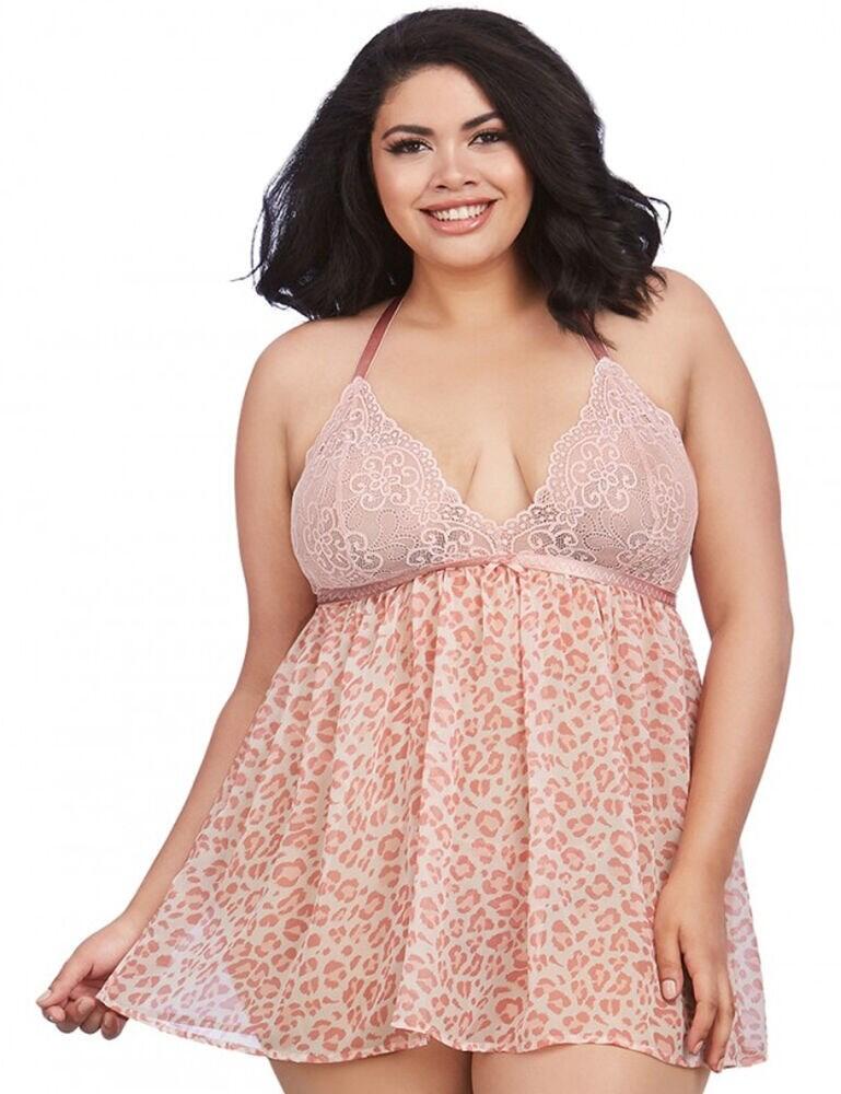 The Dreamgirl babydoll set features cute leopard print chiffon with sexy side split and airy design. The feminine lace cups are soft and wireless, allowing for light support while keeping you comfortable. The shoulder straps come together with a neck clasp and can be individually adjusted to find the perfect fit.  Feminine design Flattering Plus size fit Babydoll and thong set Decorative cups Soft and non-padded cups Halterneck style Composition: Chiffon 100% Polyester Composition: Lace 92% Nylon &pipe; 8% Spandex UK sizes  44948-84224-1119573 11810X Sexy Babydoll Set