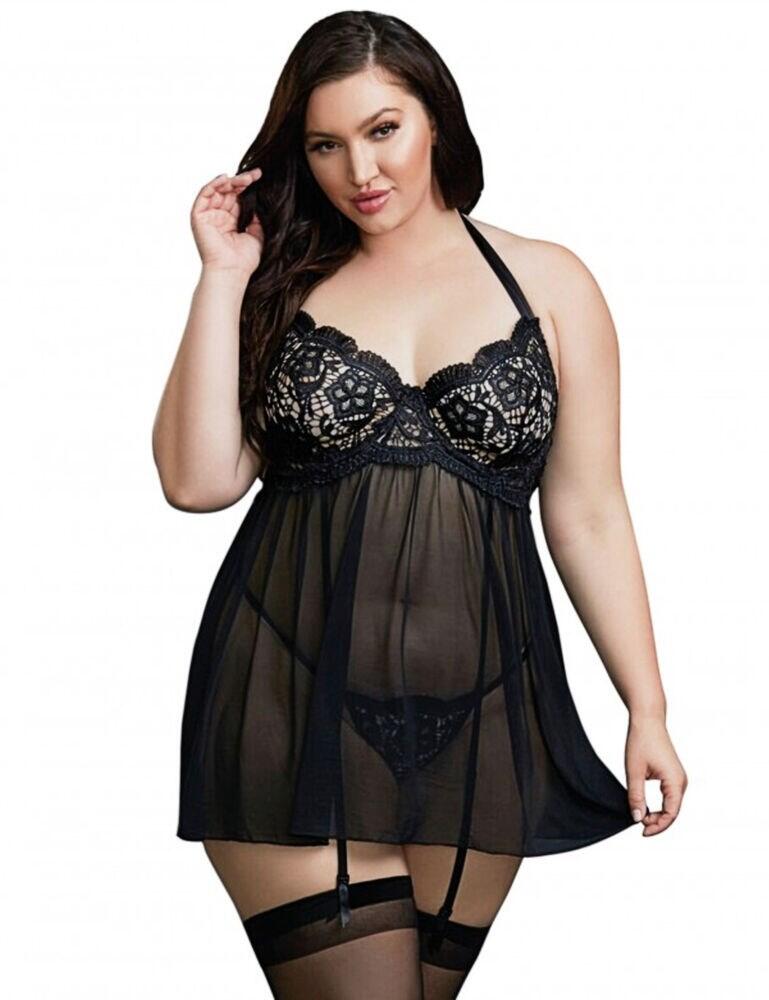 Feel sexy in the Dream Girl Venice lingerie set. Crafted with delicate mesh and decorated with intricate lace for a truly show-stopping addition in your lingerie drawer. Featuring an underwired chemise with sheer lace cups and satin straps, offering a naturally shaped cleavage. Finished with four suspender straps and a matching lace thong.  Flattering design Babydoll & thong set Pretty Decorative lace Underwired Non-padded cups Removable suspender Halterneck straps Hook and eye closure Composition: 90% Polyester &pipe; 10% Spandex UK sizes  45872-84225 11456X Sexy Lingerie Set