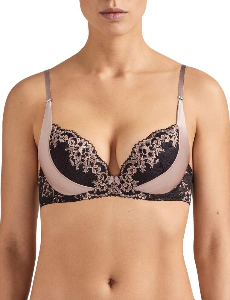 Introducing the Femme Glamour range by Aubade, boasting this stunning plunge bra. This bra features luxurious satin straps which continue down to the bottom of the cups, along with diamante accents. Lace inserts also add extra hints of femininity and elegance to this bra. This bra is underwired for support and uplift and features removable padding for a push-up look. The plunge neckline allows you to showcase your cleavage. The straps are adjustable so that you can find your individual fit and this bra secures at the rear with a hook and eye closure. Pair with matching items from the Femme Glamour range for a truly chic look.  Opulent, stylish design Satin straps which carry on to the sides of the cups Lace inserts Underwired for support and uplift Removable padding Plunge neckline Adjustable straps Secures at the rear with a hook and eye closure Matching co-ordinates available! Composition: 57% Polyamide &pipe; 27% Polyester &pipe; 16% Elastane Listed in UK sizes  45932-84353-1121269 MD18  Plunge Bra