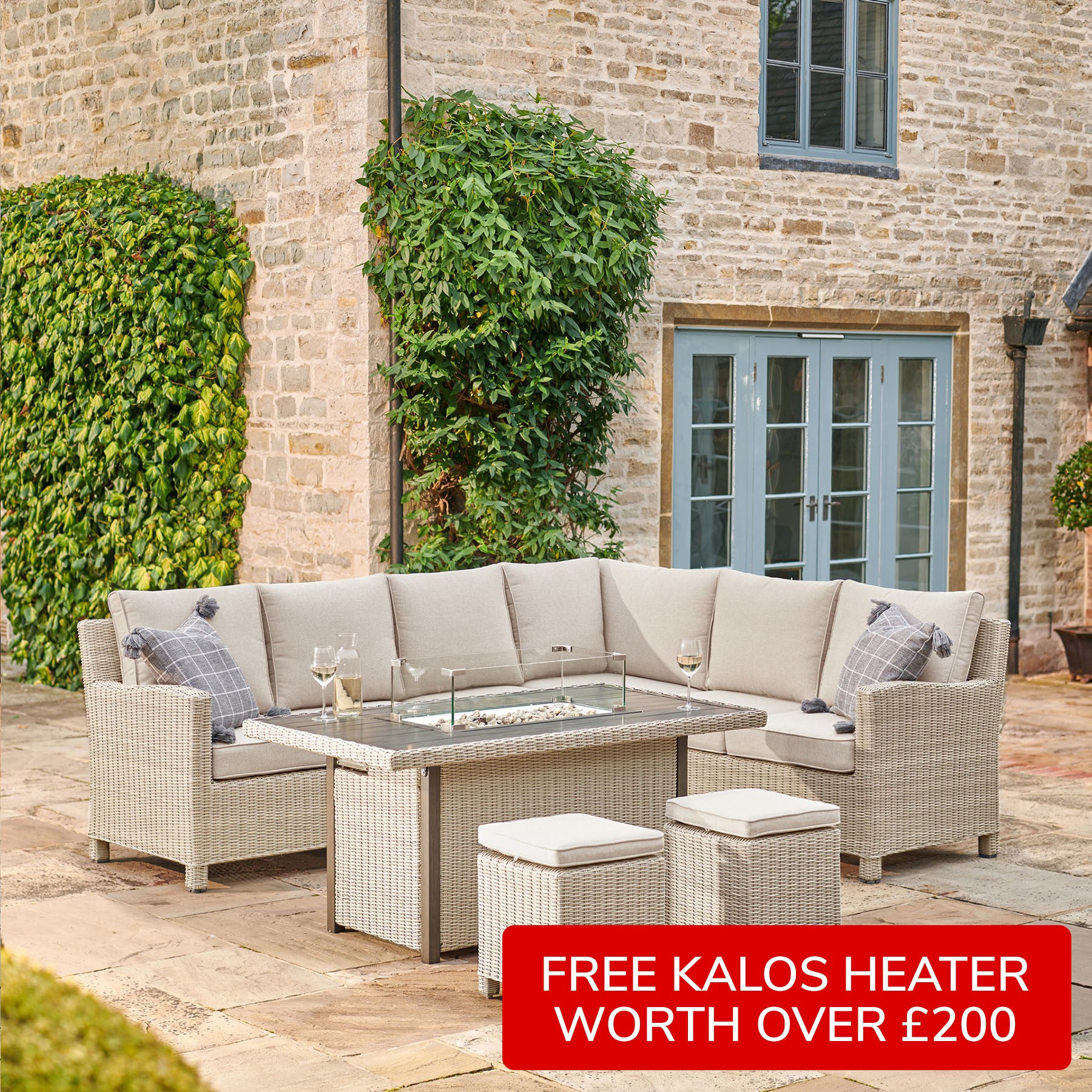 Kettler Palma Signature Corner Left Hand Oyster Wicker Outdoor Sofa Set with Fire Pit Table