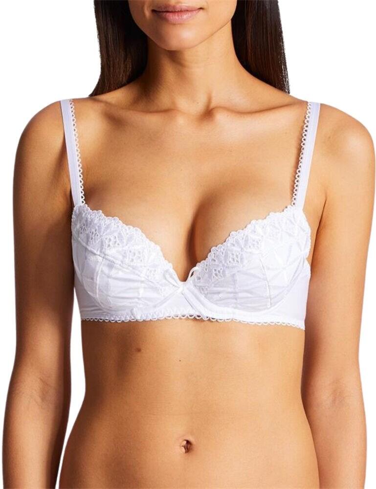 Feel stunning in this plunge bra from the Bahia & Moi range by Aubade. This bra features stunning lace and decorative accents for a very feminine look. This bra is underwired for support and uplift and padded for a better shape and enhanced cleavage. The plunge style accentuates the cleavage for a very sexy look. The straps are adjustable so that you can find your unique fit and this bra secures at the rear with a hook and eye closure. Pair with matching items from the Bahia & Moi range to complete the look.  Stunning, feminine design Pretty embroidery Plunge neckline Underwired for support and uplift Padded cups Adjustable straps Secures at the rear with hook and eye Matching co-ordinates available! Composition: 64% Cotton &pipe; 28% Polyester &pipe; 8% Elastane Listed in UK sizes  45990-84461-1169080 PY18 Padded Plunge Bra