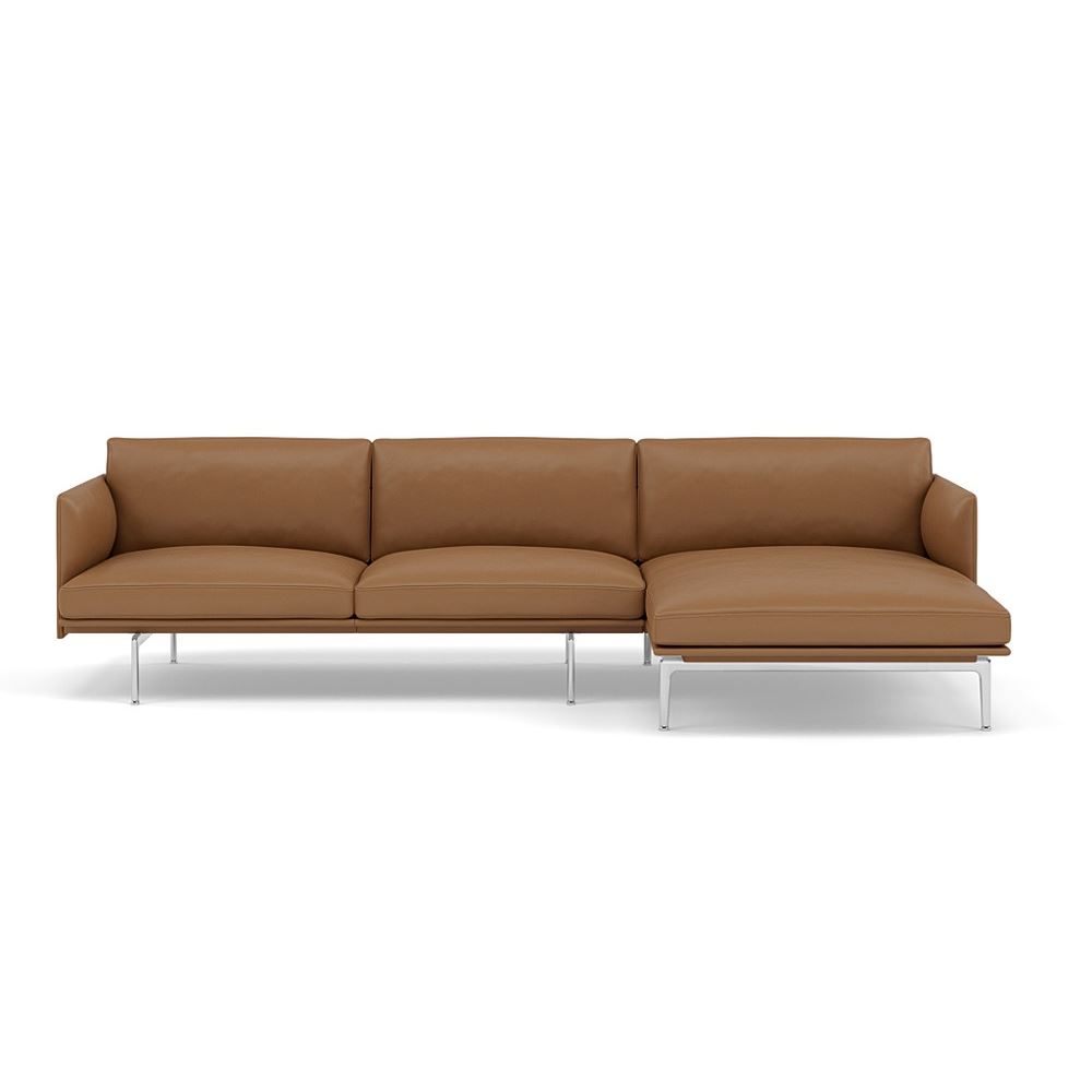 Outline Sofa With Chaise Longue Right Polished Aluminum Refine Leather Cognac