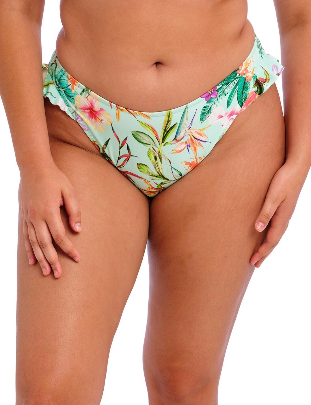 Treat yourself to tropical bliss with the Elomi Sunshine Cove high-leg bikini brief this season. This bikini brief has side adjusters for coverage choice so you can feel secure and comfortable while swimming, sunbathing, or playing around. It features a mid-rise waist and moderate rear coverage, with frill detailing on both sides for added fun and flair. The interior is fully lined for added modesty and comfort, while the tropical flower design helps to bring some sunshine into your life! Coordinates are also available so you can complete your look in style.