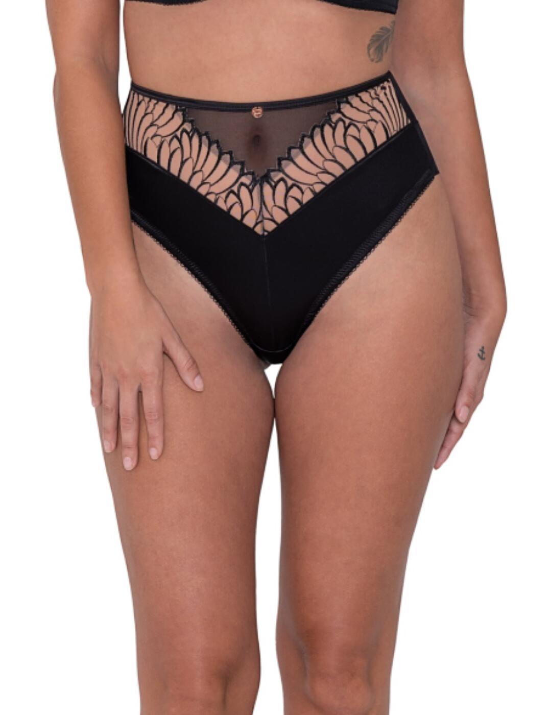 Enjoy Scantillys latest creation, the Fallen Angel collection is sure to captivate and allure. Designed with elegant yet sensual feather embroidery upon sheer tulle and decorated with Sacantillys signature gold charm. The Fallen Angel high waist brief offers moderate coverage along with a flattering fit, helping accentuate your hips and waist. Playful keyhole detailing on the rear adds spice while the high leg openings elongate your pins. Match with the coordinating bra to finish the look.  Sexy, feminine design Stunning, unique pattern Semi-sheer panelling Keyhole detail at the rear Rose gold accent Flattering high-waist design Offers moderate rear coverage Matching co-ordinates available! Composition: Main - 100% Polyester, Satin - 92% Polyester &pipe; 8% Elastane Mesh - 85% Polyamide &pipe; 15% Elastane, Gusset Liner - 100% Cotton Listed in UK sizes  46103-84906-1130203 ST012208  High Waist Brief
