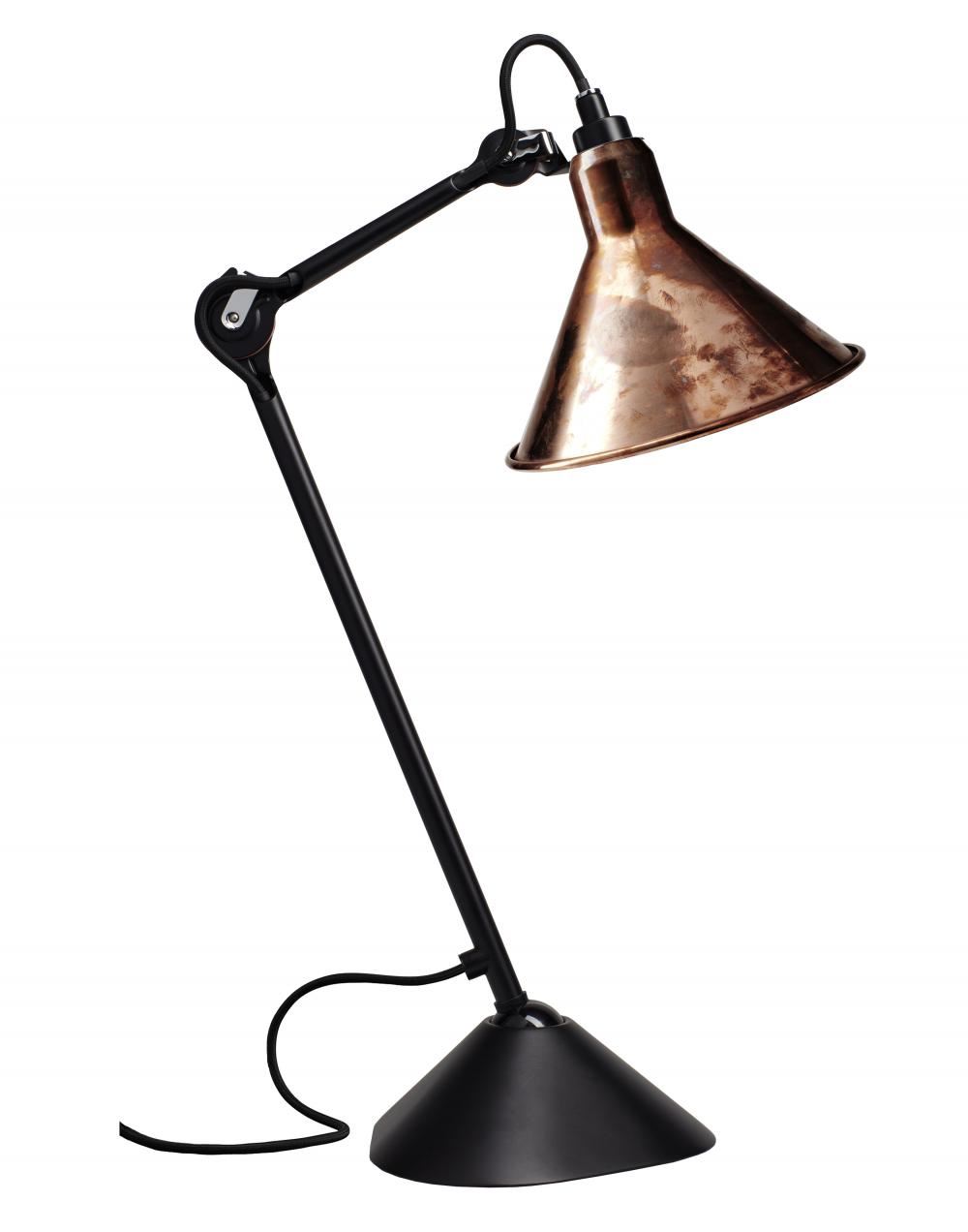 Lampe Gras 205 Table Lamp Satin Black Arm Raw Copper Shade With White Interior Conic