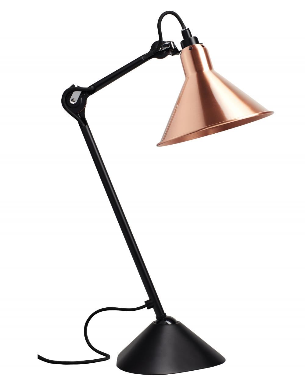 Lampe Gras 205 Table Lamp Satin Black Arm Copper Shade With White Interior Conic