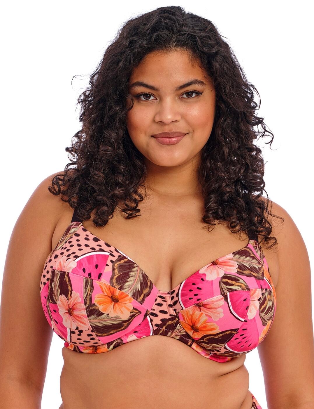 Say goodbye to boring swim tops and give your beach wardrobe a new lease of life with the Elomi Cabana Nights plunge bikini top! With its plunging neckline and supportive underwire, you can be sure that bold style and ultimate comfort are guaranteed in this must-have number. The straps are adjustable for the perfect fit, while non-padded fabric ensures a natural shape and unrivalled support. As if that wasn’t enough – when you really want to turn heads, secure the clip fastening at the back for added poolside glamour. Featuring a vibrant tropical design that is sure to make waves, Elomi Cabana Nights also offers matching bikinis for the complete look.  Stylish plunge bikini top Plunge neckline Underwired for support Adjustable shoulder straps Non-padded for a natural look Secure clip fastening Tropical vibrant style Matching swimwear available Country of origin: Sri Lanka Composition: 80% Polyamide &pipe; 20% Elastane Listed in UK sizes  62936-108368-1437939 801602 Plunge Bikini Top