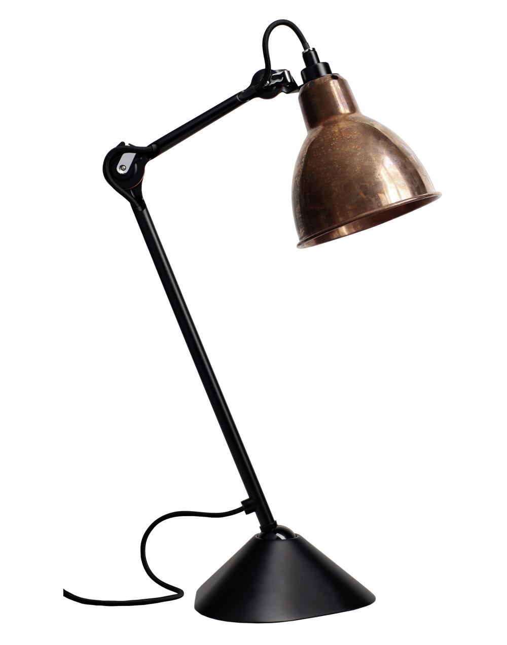 Lampe Gras 205 Table Lamp Satin Black Arm Raw Copper Shade Round