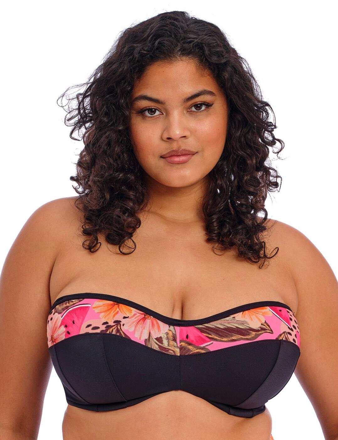 Look and feel your best this season in the Elomi Cabana Nights bandeau bikini top. Featuring gorgeously vibrant colours and a delightful floral tropical pattern. Lightly padded cups provide the perfect shape and support, while underwired support gives you a secure fit. For a customisable look, each top has adjustable halter straps that can be removed. The Elomi Cabana Nights bandeau bikini top is also conveniently fastened with a clip for a perfect fit, so you can lounge without worry. Make it a full set and get the matching swimsuit bottom for the perfect beach day style.  Elegant bandeau bikini top Lightly padded cups Underwired Removable adjustable halter neck straps Clip fastening Gorgeous floral tropical pattern Matching swimwear available Country of origin: Sri Lanka Composition: Cup Lining: 100% Polyester Composition: Main Fabric: 80% Polyamide &pipe; 20% Elastane Listed in UK sizes  62937-108369-1437982 801610 Full Cup Bikini Top
