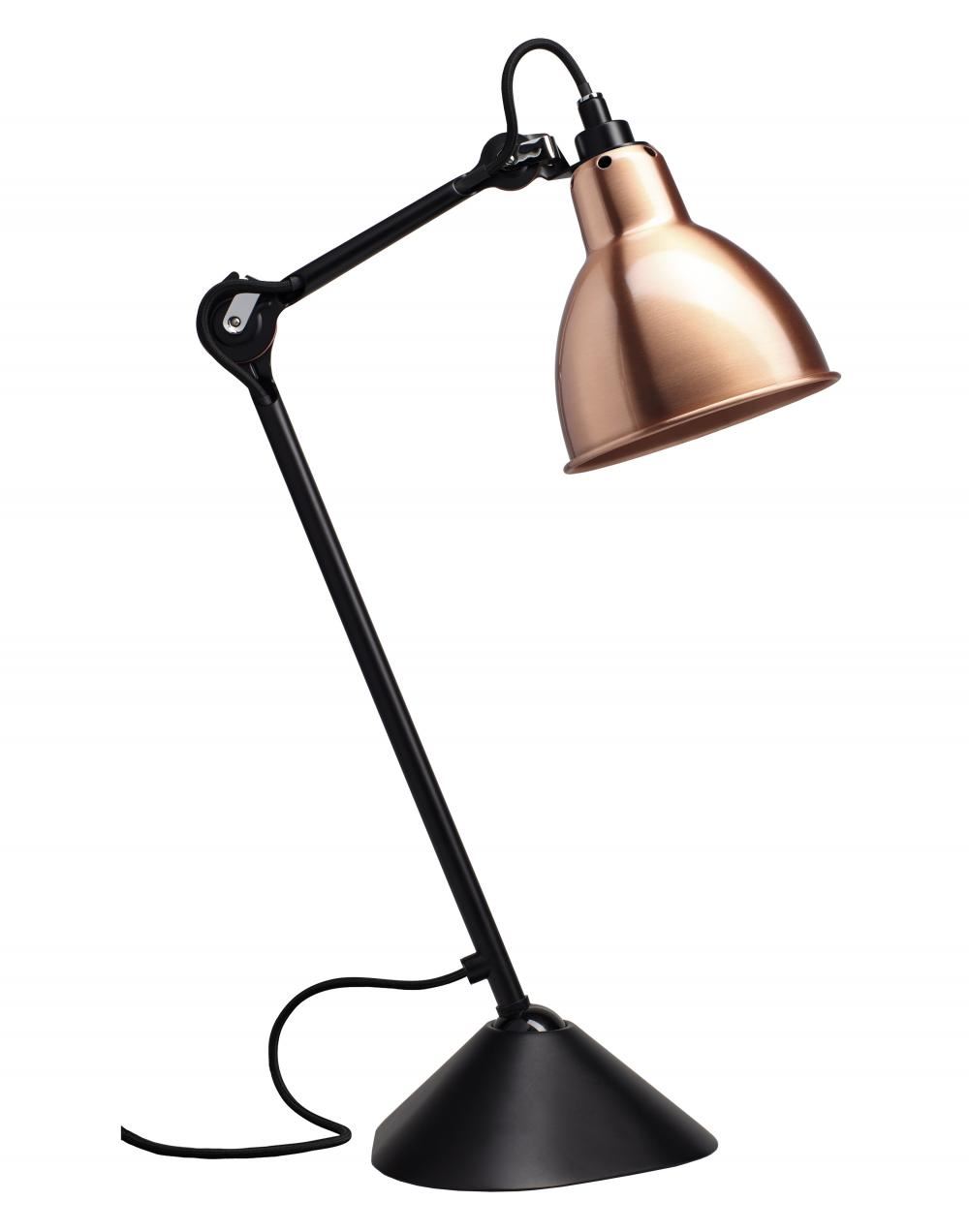 Lampe Gras 205 Table Lamp Satin Black Arm Copper Shade With White Interior Round